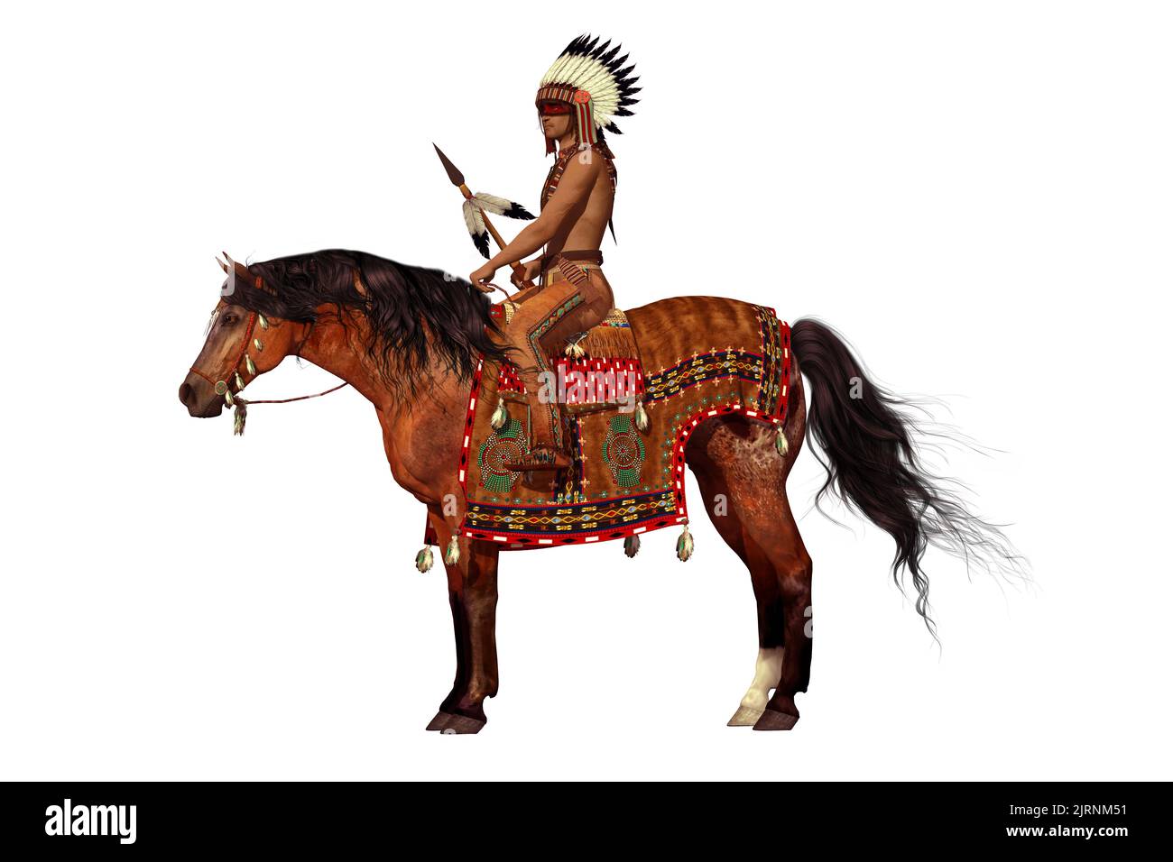 Stolzer Adler auf Weiß - ein amerikanischer Inder reitet auf seinem Appaloosa Pferd mit Kriegsfarbe auf seinem Gesicht und einem Speer in der Hand. Stockfoto
