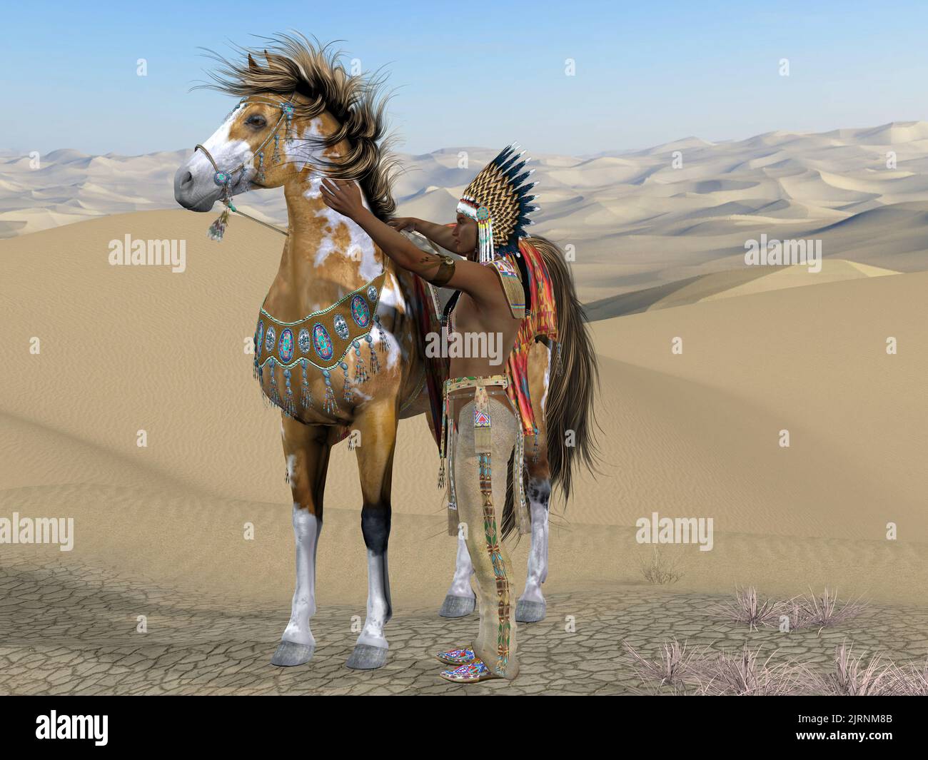 Das indische Pferd zähmen - ein indianischer Häuptling versucht, ein wildes Pferd zu beruhigen, damit er es reiten kann. Stockfoto