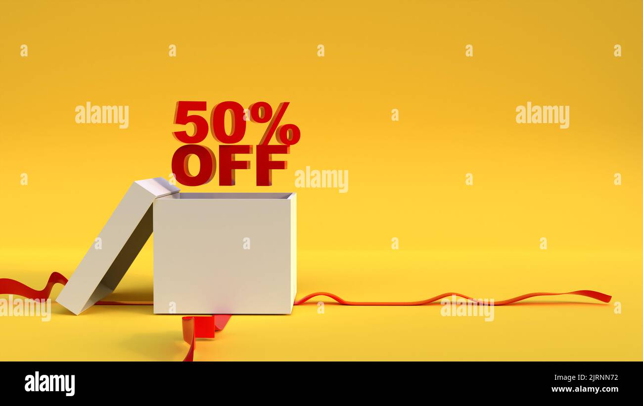 50% Rabatt 3D Banner Illustration, Werbung für Online-Produktkauf, große 50% Rabatt Verkauf an Wochenenden Stockfoto