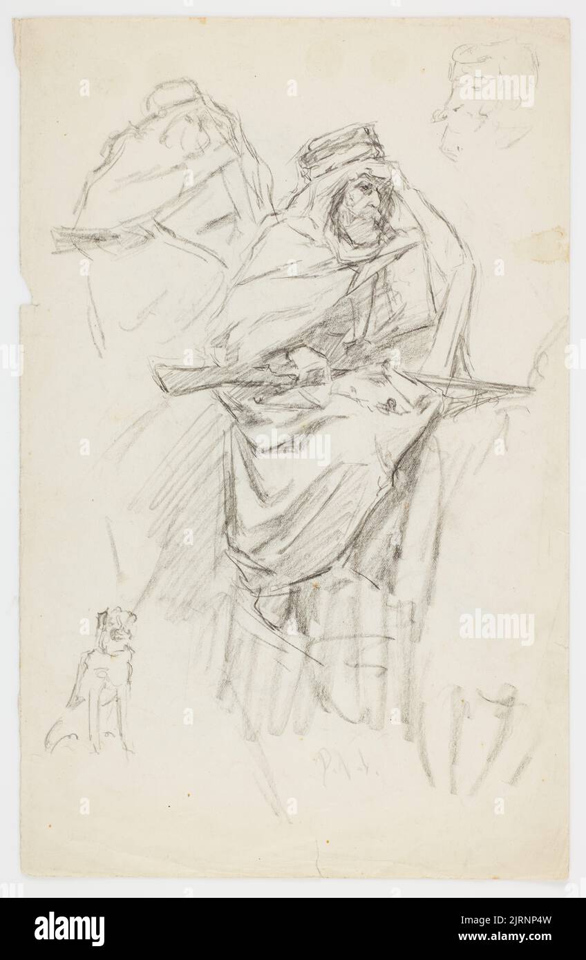 Untitled [Studien eines Wüstenkriegers, der mit einem Gewehr auf dem Schoß hockte], um 1980 von Karl SIM, Petrus van der Velden. Stockfoto