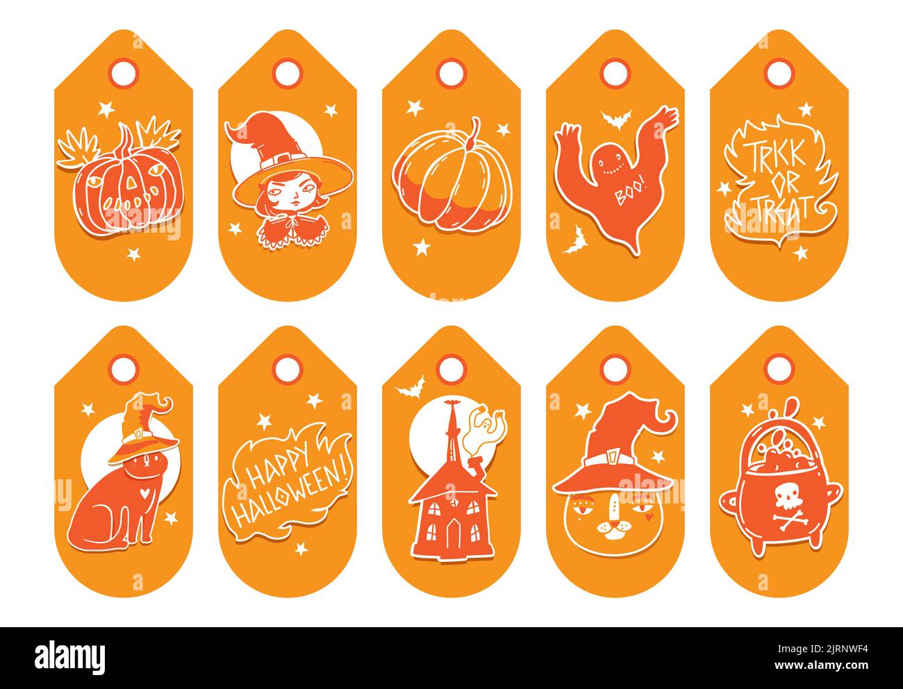 Halloween-Geschenkanhänger mit niedlichen Figuren und Illustrationen. Vector Sammlung von Geschenk-Tags mit Halloween-Elemente in lustigen Cartoon-Stil. Helles Fest Stock Vektor