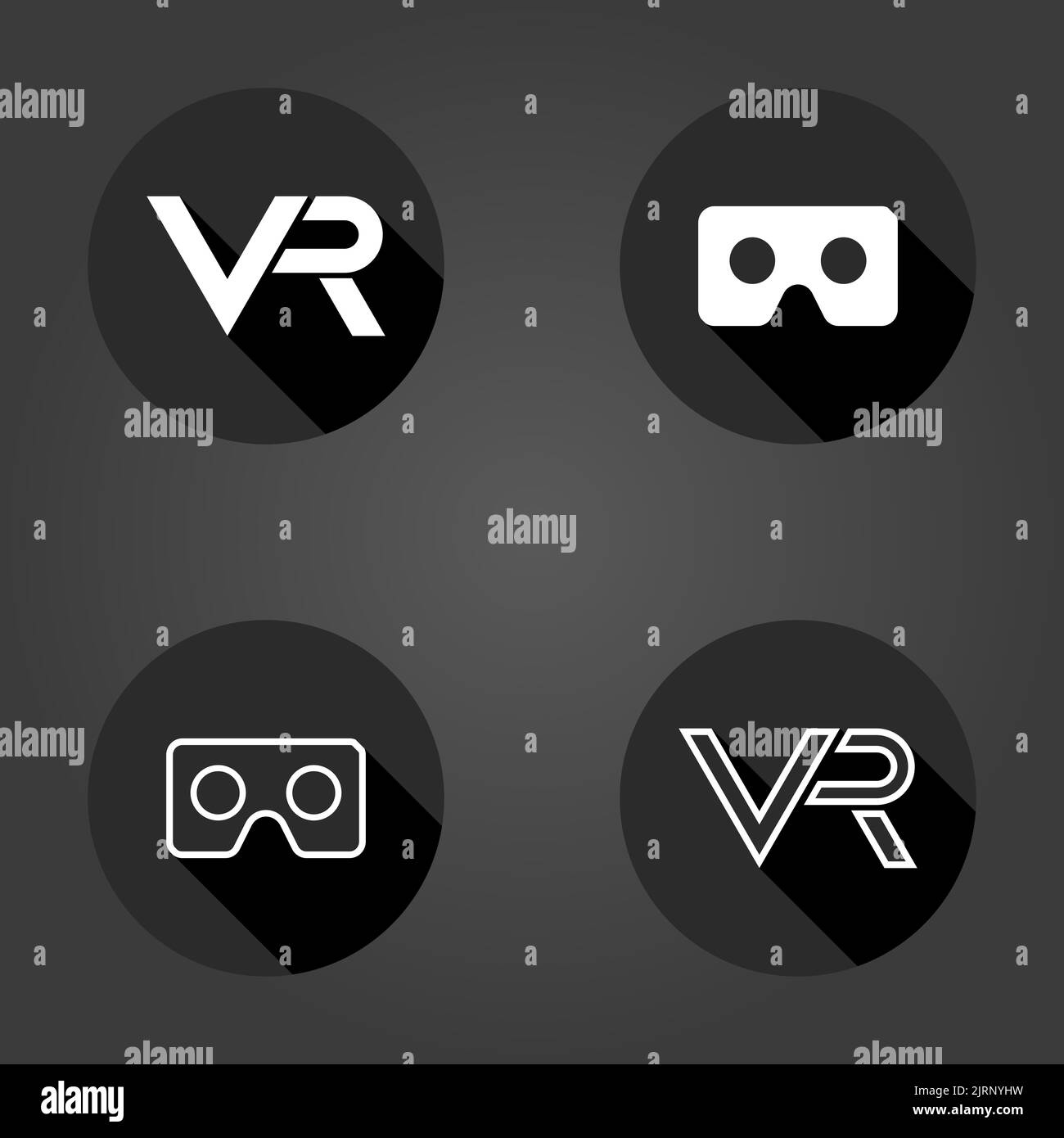 Schwarz-weiße Symbole mit VR-Logo im Kreis. Satz flacher Symbole mit langem Schatten. Virtual Reality-Logos Stockfoto