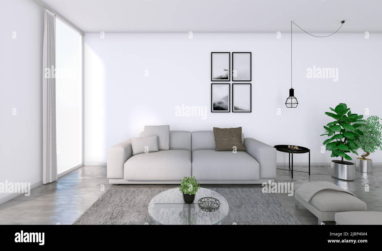 Innenansicht eines gemütlichen wohnzimmers im nordischen Stil. Betonboden, grauer Teppich, Glastisch, hängende Bilder mit Schwarz-Weiß-Fotos an der Wand i Stockfoto