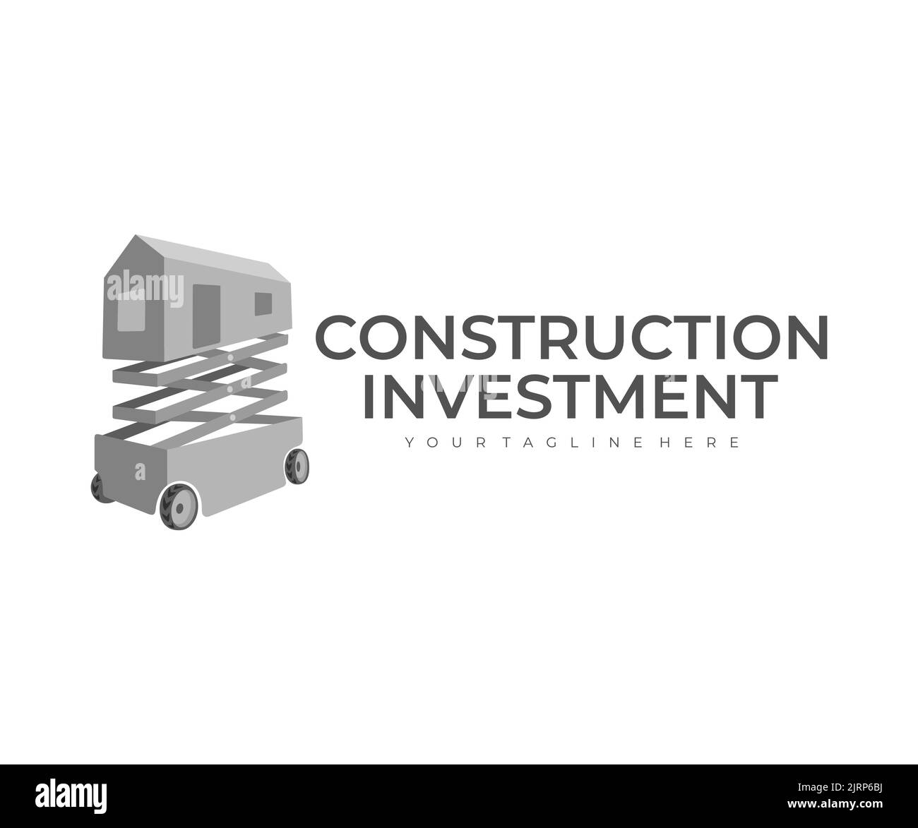 Scherenbühnen, Bauinvestitionen, Haus und Haus, Logo-Design. Bau, Baumaschinen, Bau-und Ingenieurwesen, Vektor-Design und Stock Vektor