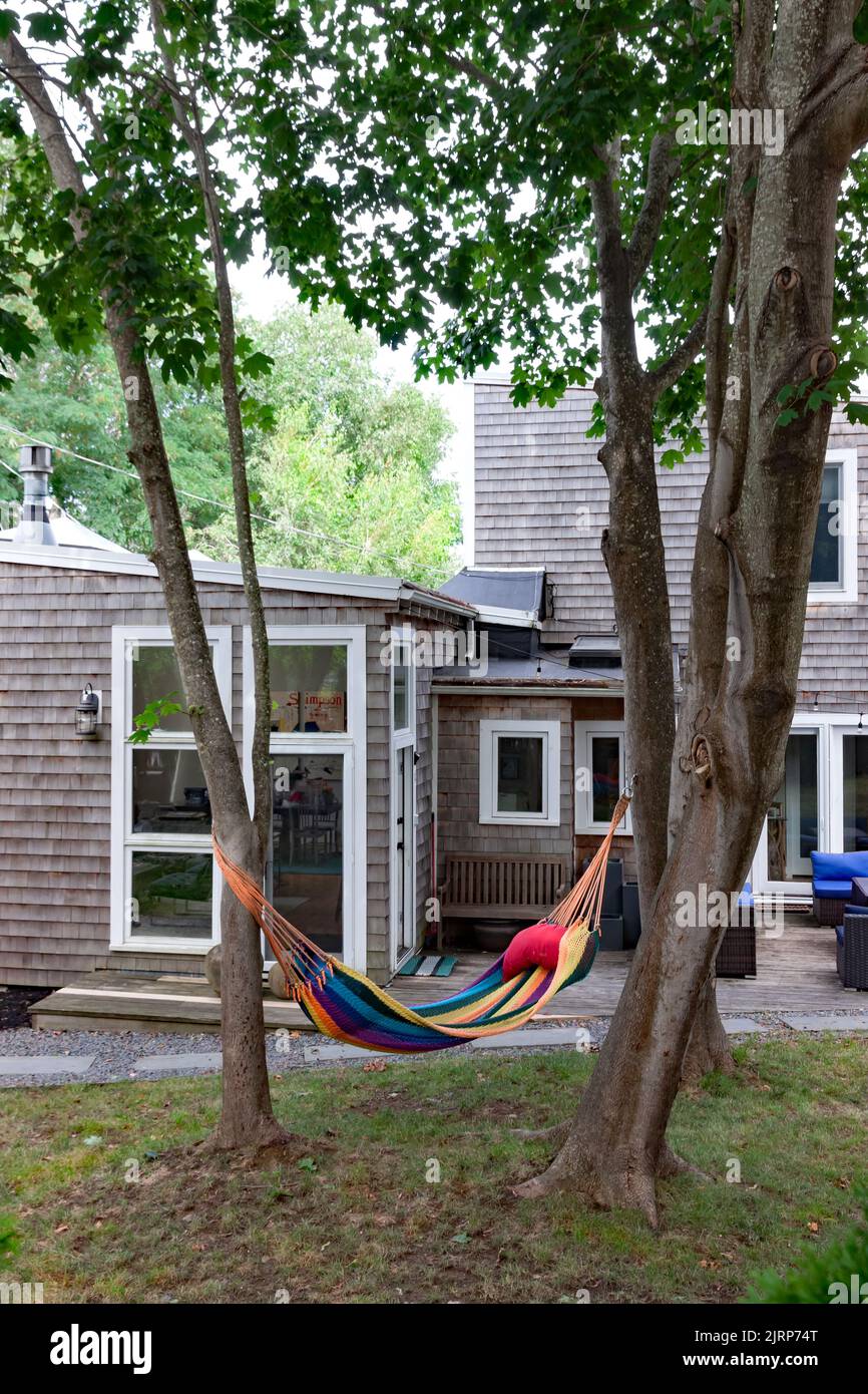 Bunte Hängematte, die zwischen zwei Bäumen in einem Hinterhof am Cape Cod, Massachusetts, hängt. Stockfoto