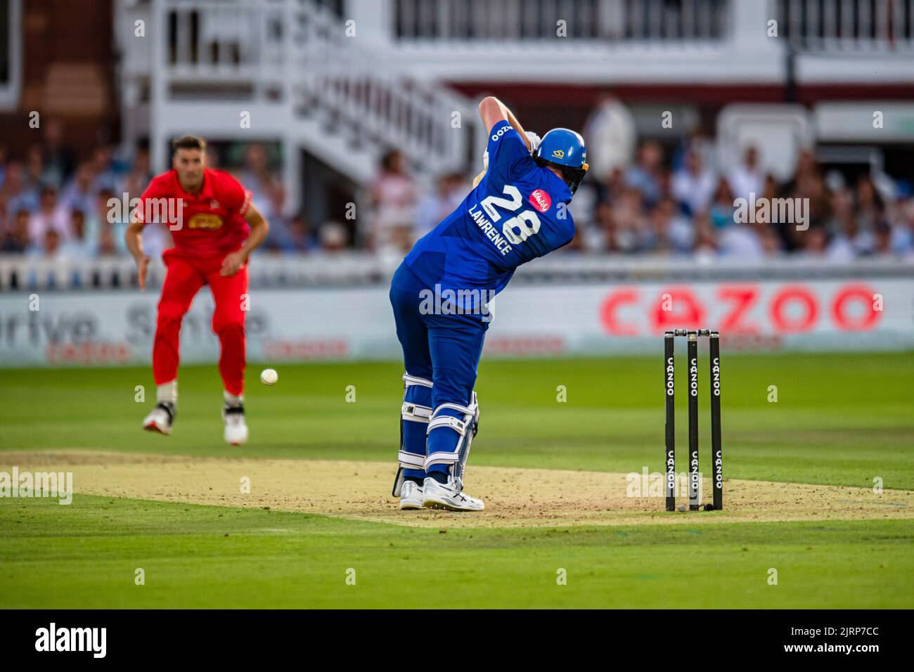 LONDON, GROSSBRITANNIEN. 24. August 2022. Dan Lawrence von London Spirit (rechts) während der Hundert - London Spirit vs Welsh Fire auf dem Lord's Cricket Ground am Mittwoch, 24. August 2022 in LONDON ENGLAND. Kredit: Taka G Wu/Alamy Live Nachrichten Stockfoto