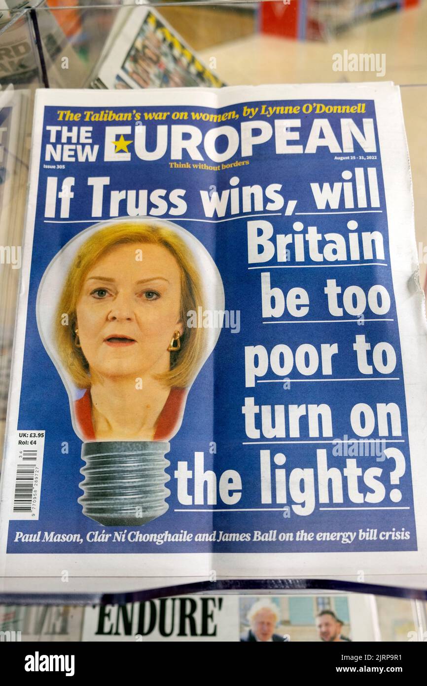 Liz ' Wenn Truss gewinnt, wird Großbritannien zu arm sein, um das Licht einzuschalten? Die neue europäische Zeitung Schlagzeile Energiekrise Titelseite 2022 London Großbritannien Stockfoto