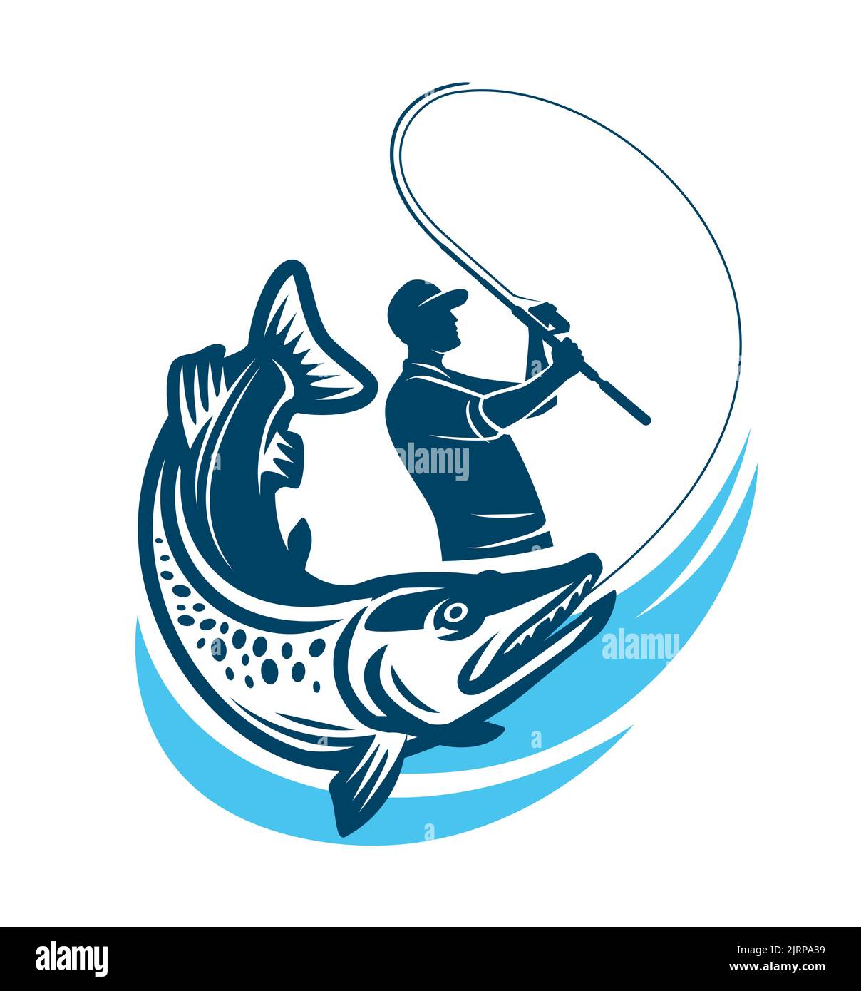 Fischer fing Hecht Emblem. Logo oder Abzeichen für Sportangeln, Outdoor-Aktivitäten. Vektorgrafik Stock Vektor