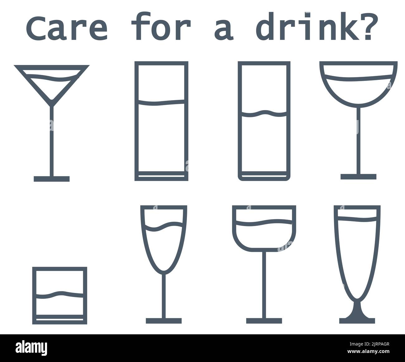 Satz von Cocktail-Gläser Symbole auf weißem Hintergrund, isolierte Vektor-Illustration. Einfache stilisierte Silhouetten-Kollektion. Logo Stockfoto