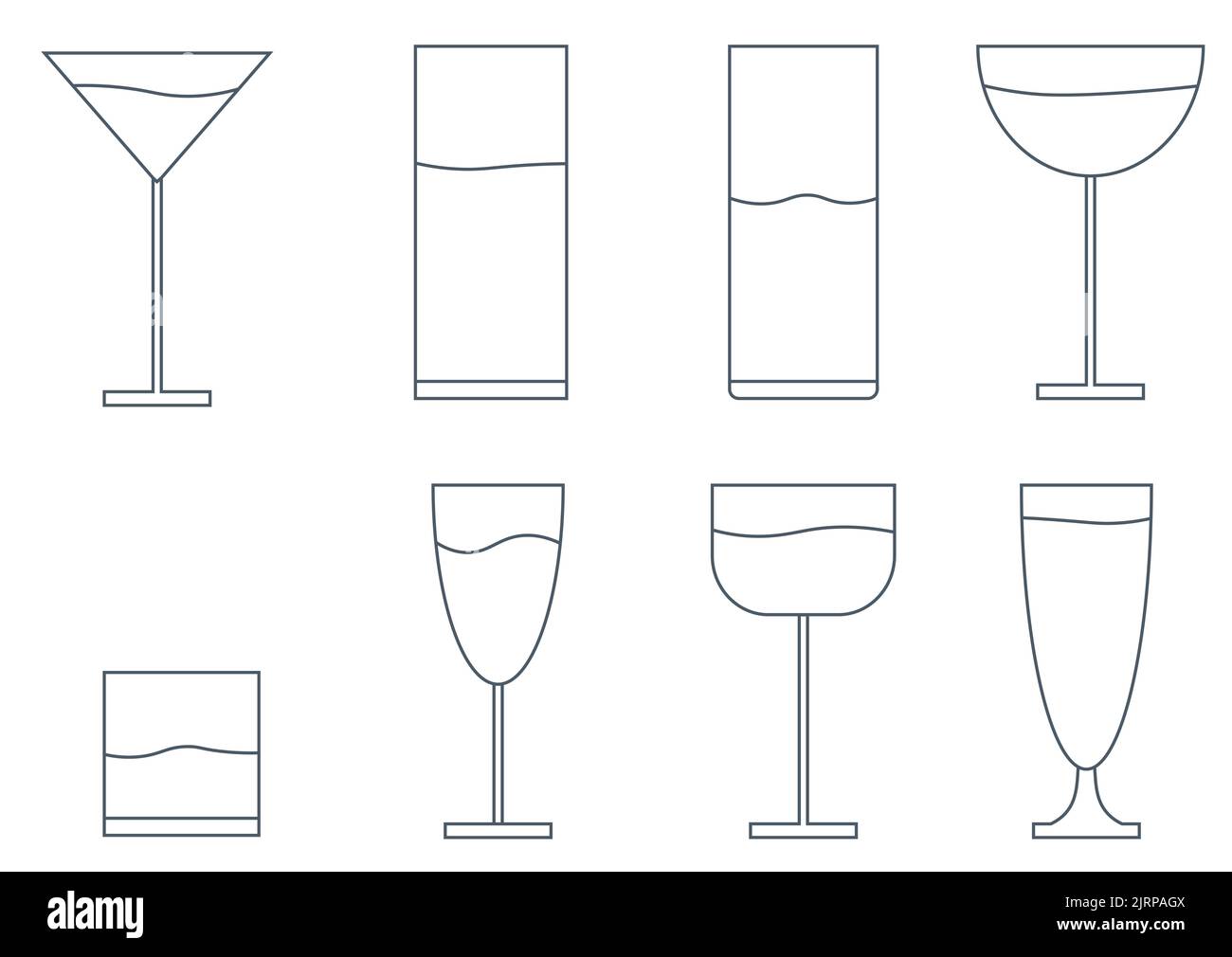 Satz von Cocktail-Gläser Symbole auf weißem Hintergrund, isolierte Vektor-Illustration. Einfache stilisierte Silhouetten-Kollektion. Logo Stockfoto