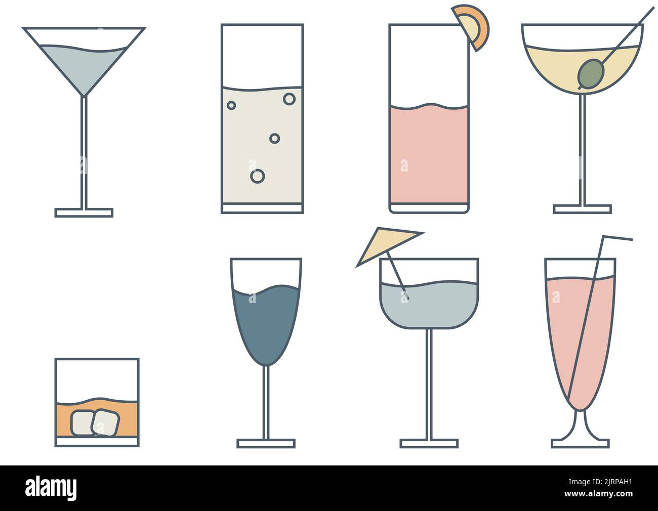 Satz von Cocktail-Gläser Symbole auf weißem Hintergrund, isolierte Vektor-Illustration. Einfache stilisierte Silhouetten-Kollektion. Logo Stockfoto