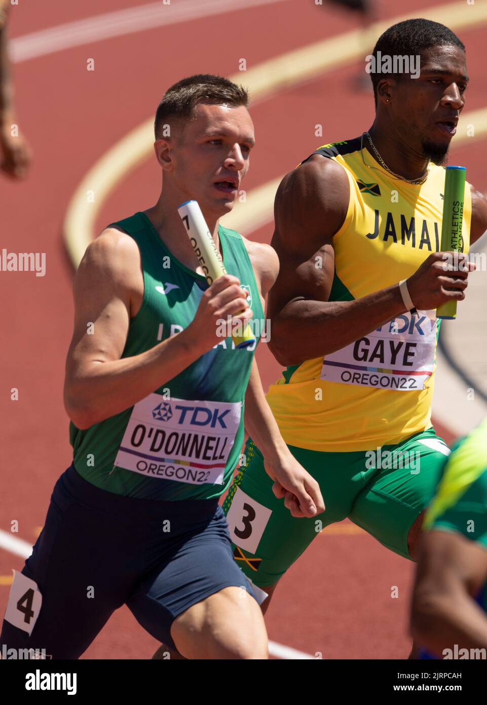 Christopher O'Donnell aus Irland, der bei den Leichtathletik-Weltmeisterschaften, Hayward Field, Eugene, Oregon, USA ON in den gemischten 4x100-m-Staffelläufen gegeneinander antreten wird Stockfoto