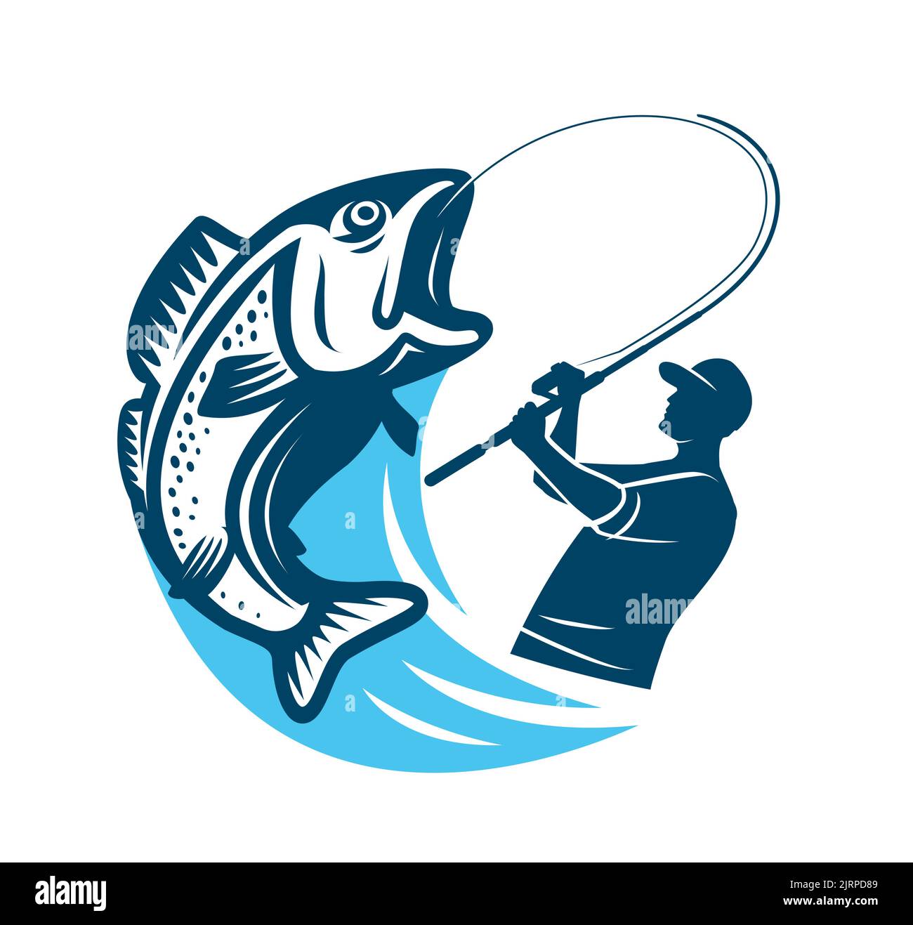 Fischer fangen großen Fisch Emblem. Logo oder Abzeichen für Sportangeln, Outdoor-Aktivitäten. Symbol für Vektorgrafik Stock Vektor