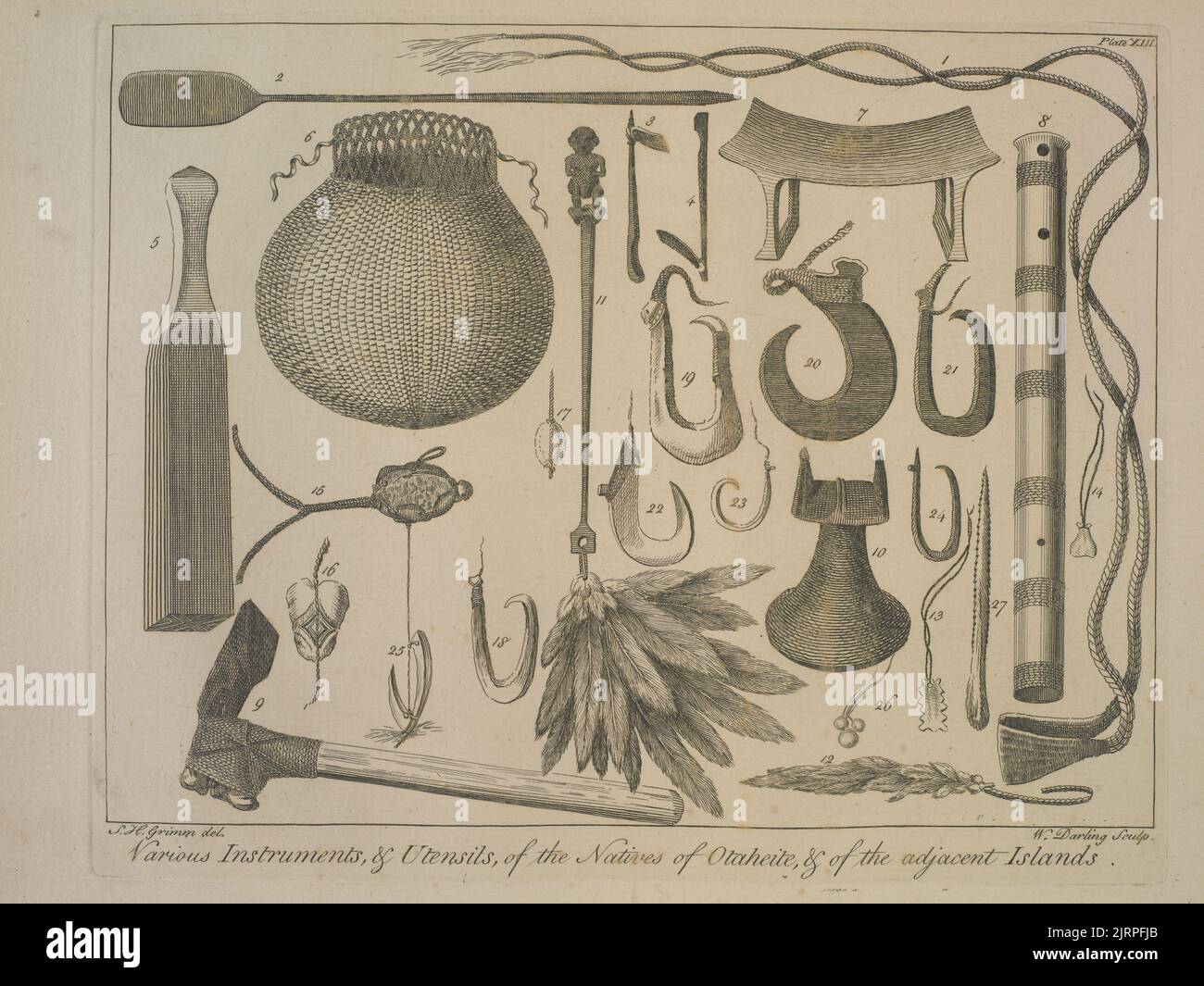 Verschiedene Instrumente und Utensilien der Eingeborenen von Otaheite und der angrenzenden Inseln. Platte 13. Aus dem Buch: A Journal of a voyage to the South Seas, in His Majesty's ship the Endeavour, 1773, London, von Sydney Parkinson, Samuel Grimm, W Darling. Geschenk von Charles Rooking Carter. Stockfoto