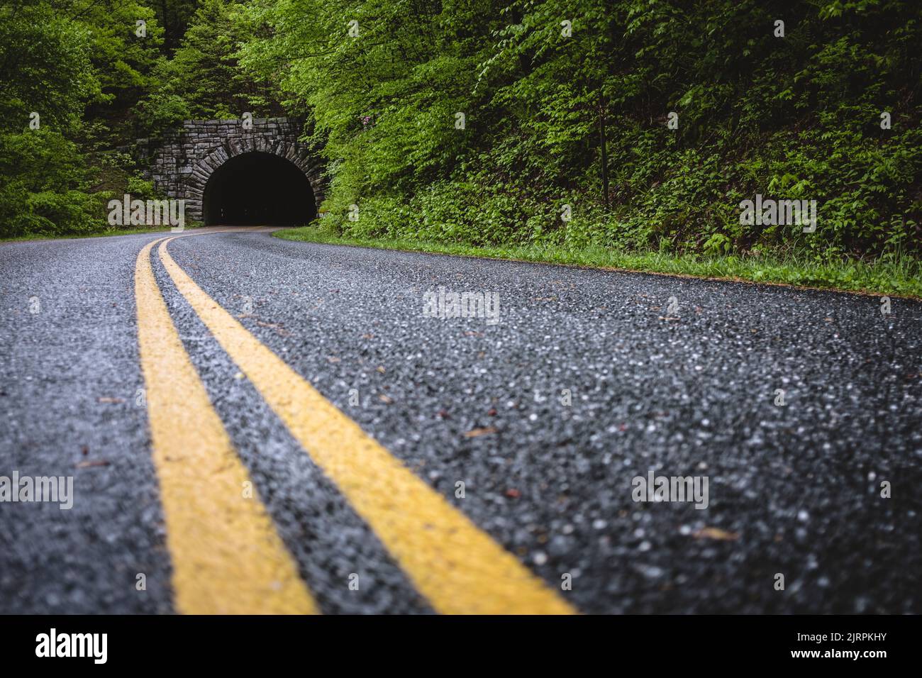 Der Blue Ridge Parkway verschwindet in einem Tunnel in Virginia Stockfoto