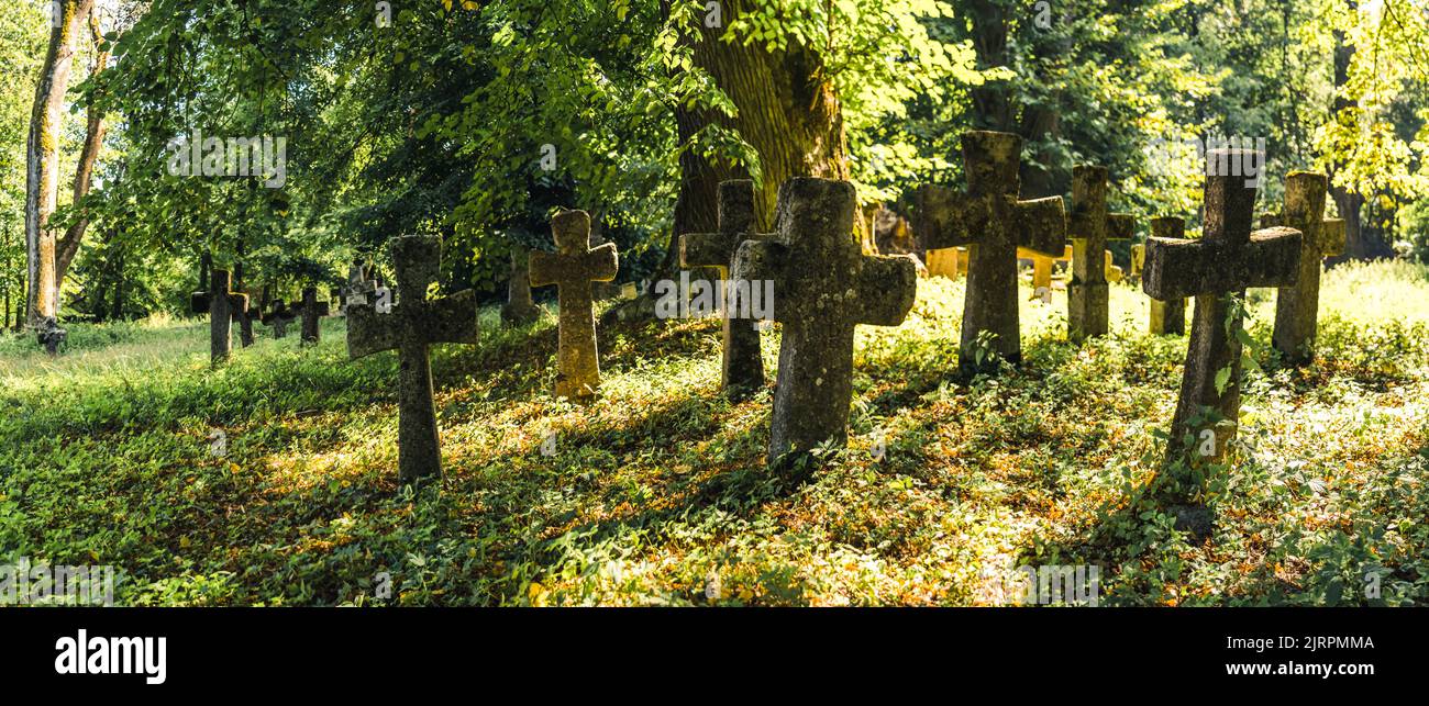 Verwitterte Grabsteine in Form eines Kreuzes im wilden grünen Wald. Am Morgen wurden 1800s Greveyard verlassen. Horizontale Weitwinkeleinstellung. Hochwertige Fotos Stockfoto