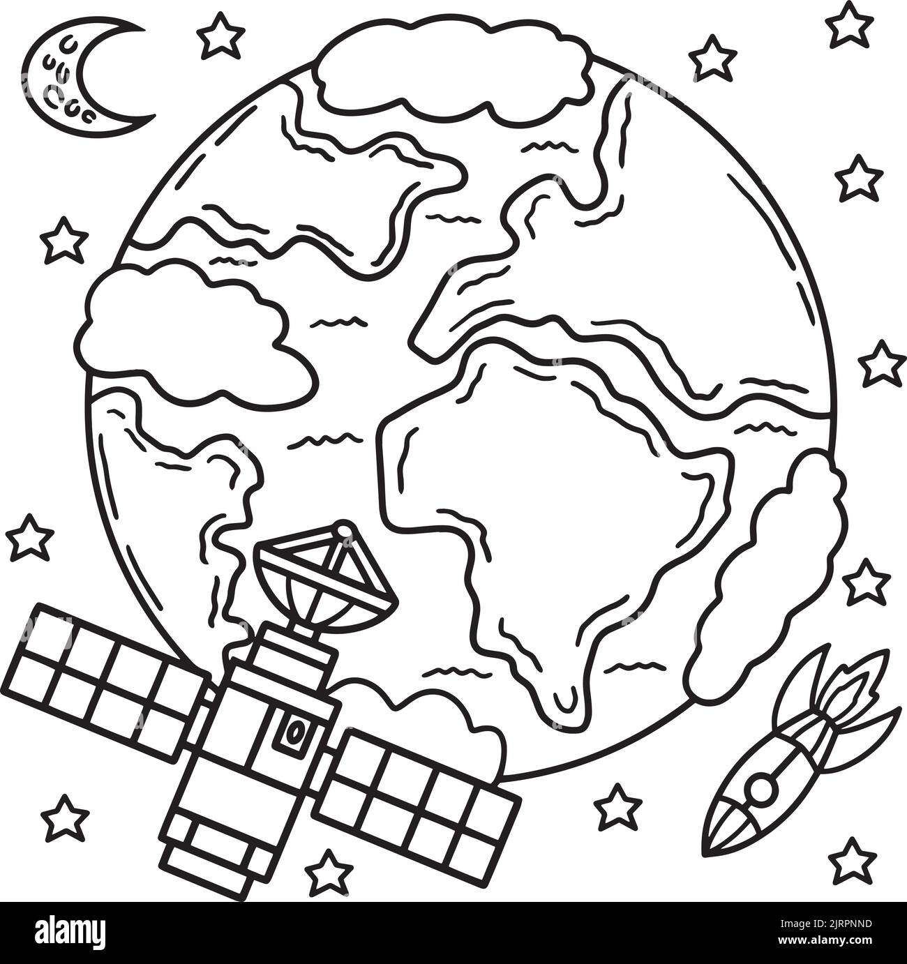 Space Satellite Coloring Page für Kinder Stock Vektor