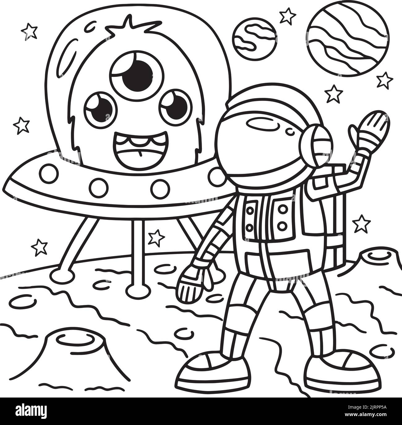Astronaut und UFO Malseite für Kinder Stock Vektor