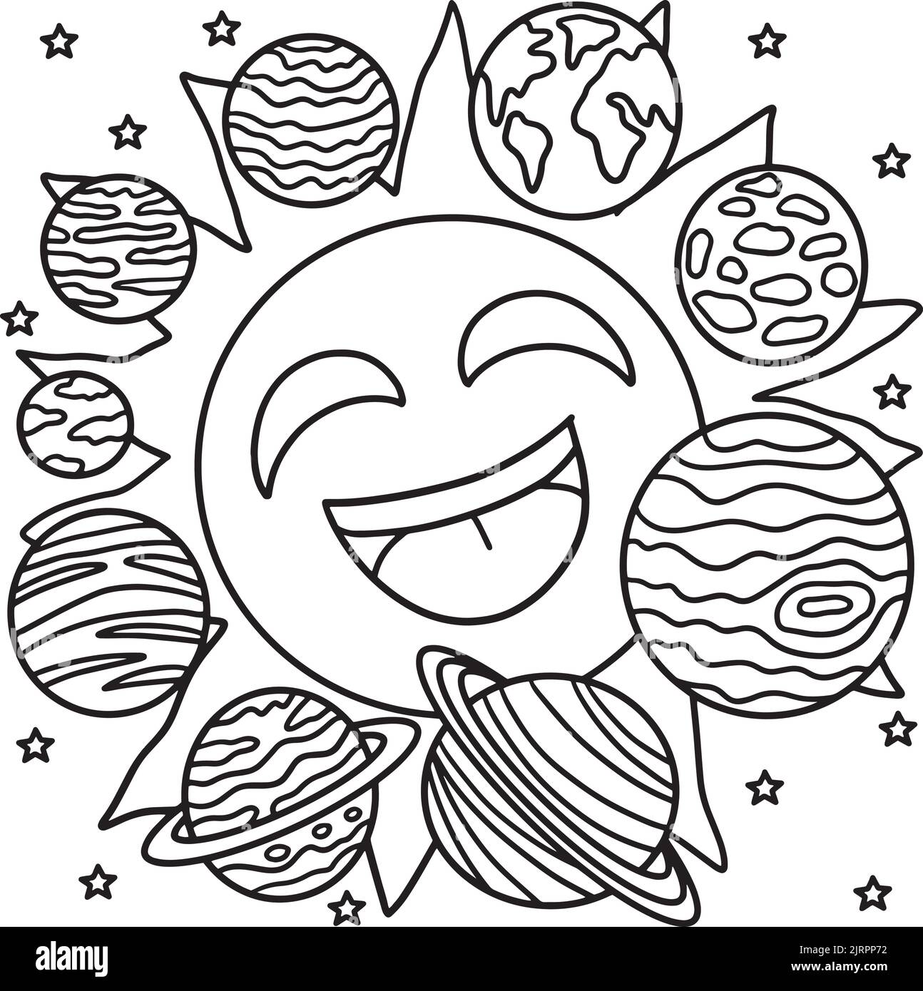 Happy Sun and Solar System Coloring Page für Kinder Stock Vektor
