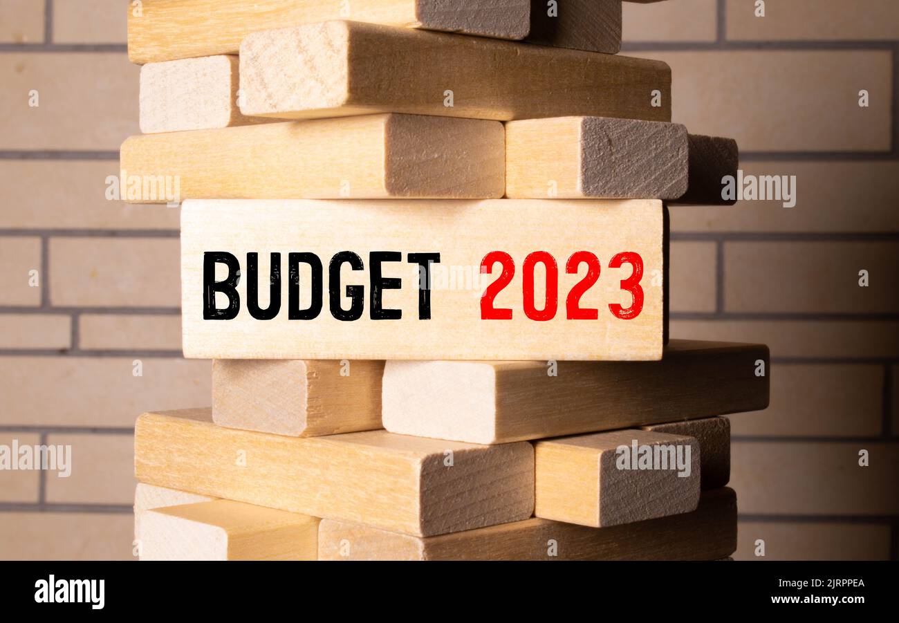 2023 Budgetplanung und Allokationskonzept. Holzwürfel die Inschrift BUDGET 2023 mit grünem Hintergrund, Kopierraum. Für Banner und Präsentation verwenden Stockfoto