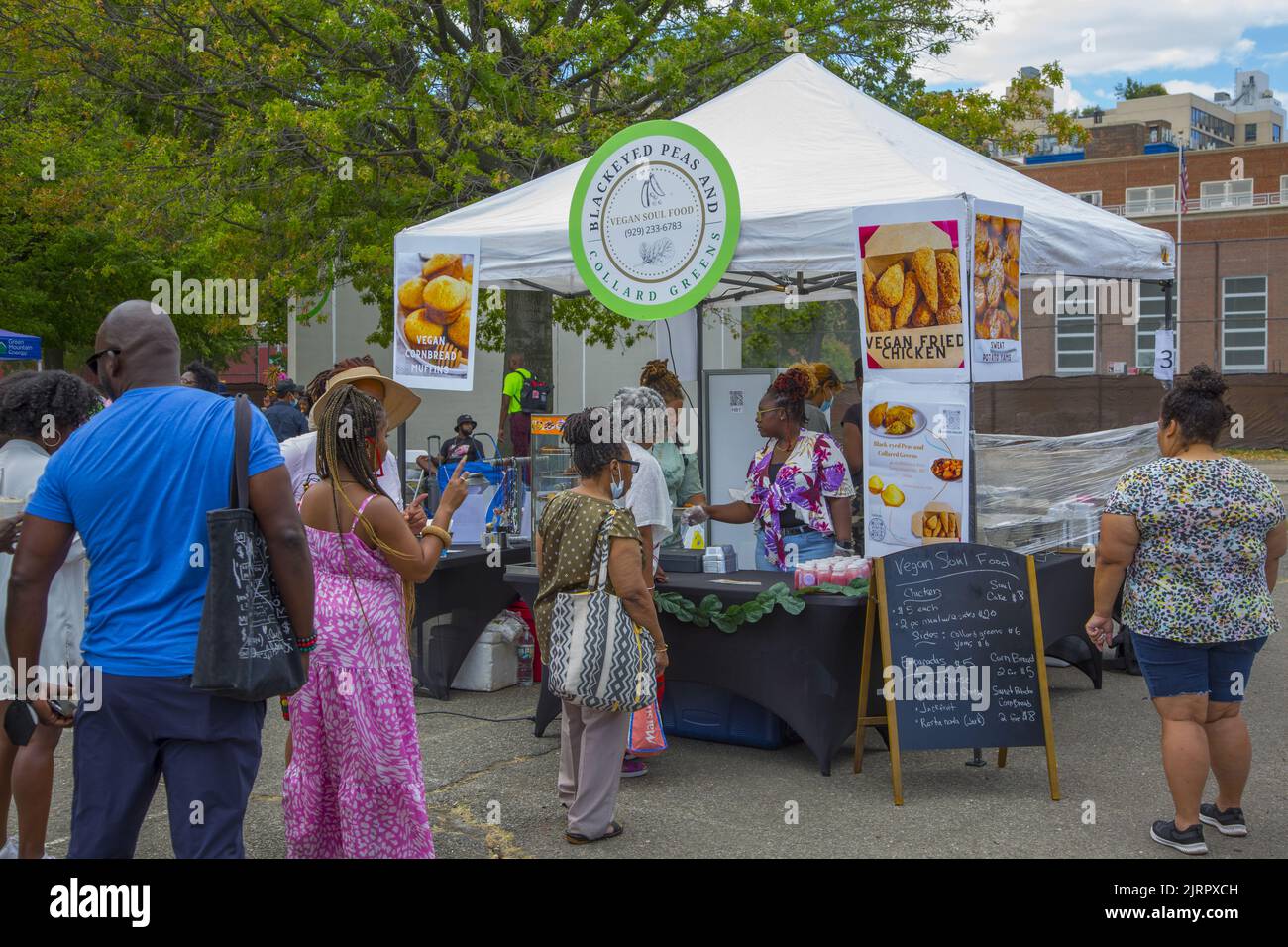 Schwarze vegane Lebensmittelhändler und afroamerikanische Organisationen nehmen am Black VegFest im Commodore Barry Park in Brooklyn, New York, Teil. Die Leute stehen beim Festival für Vegan Soul Food an. Stockfoto