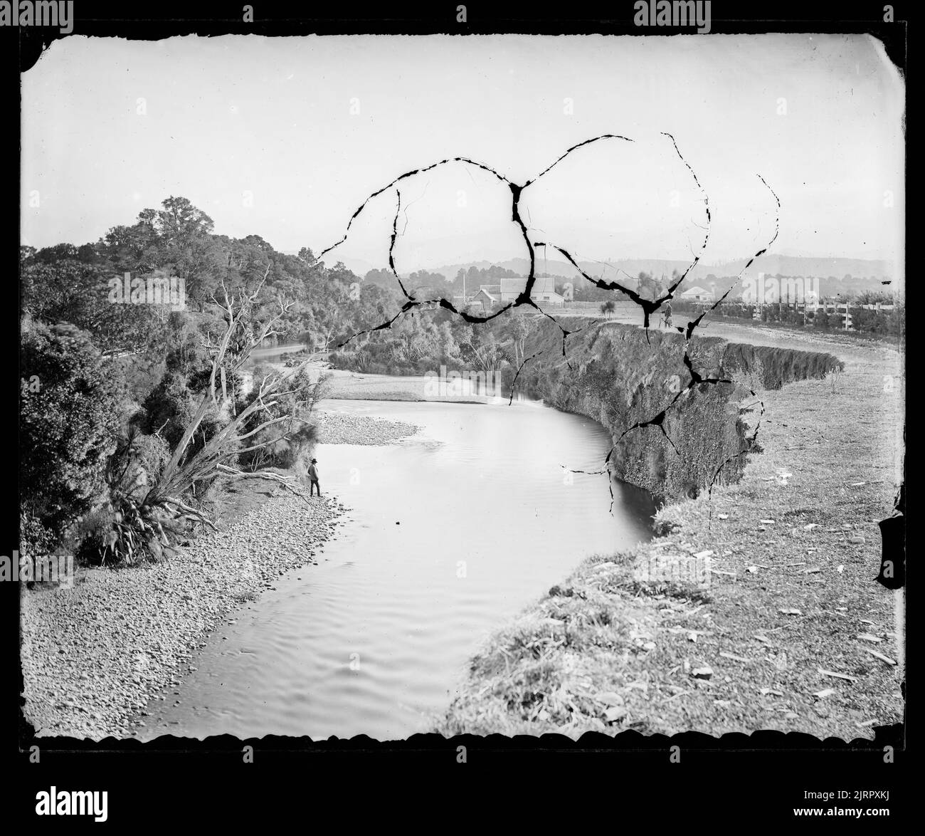 Waipoua River and Banisters Farm, Opaki Plains, Wairarapa, NZ, um 1875, Wairarapa, von James Bragge. Stockfoto