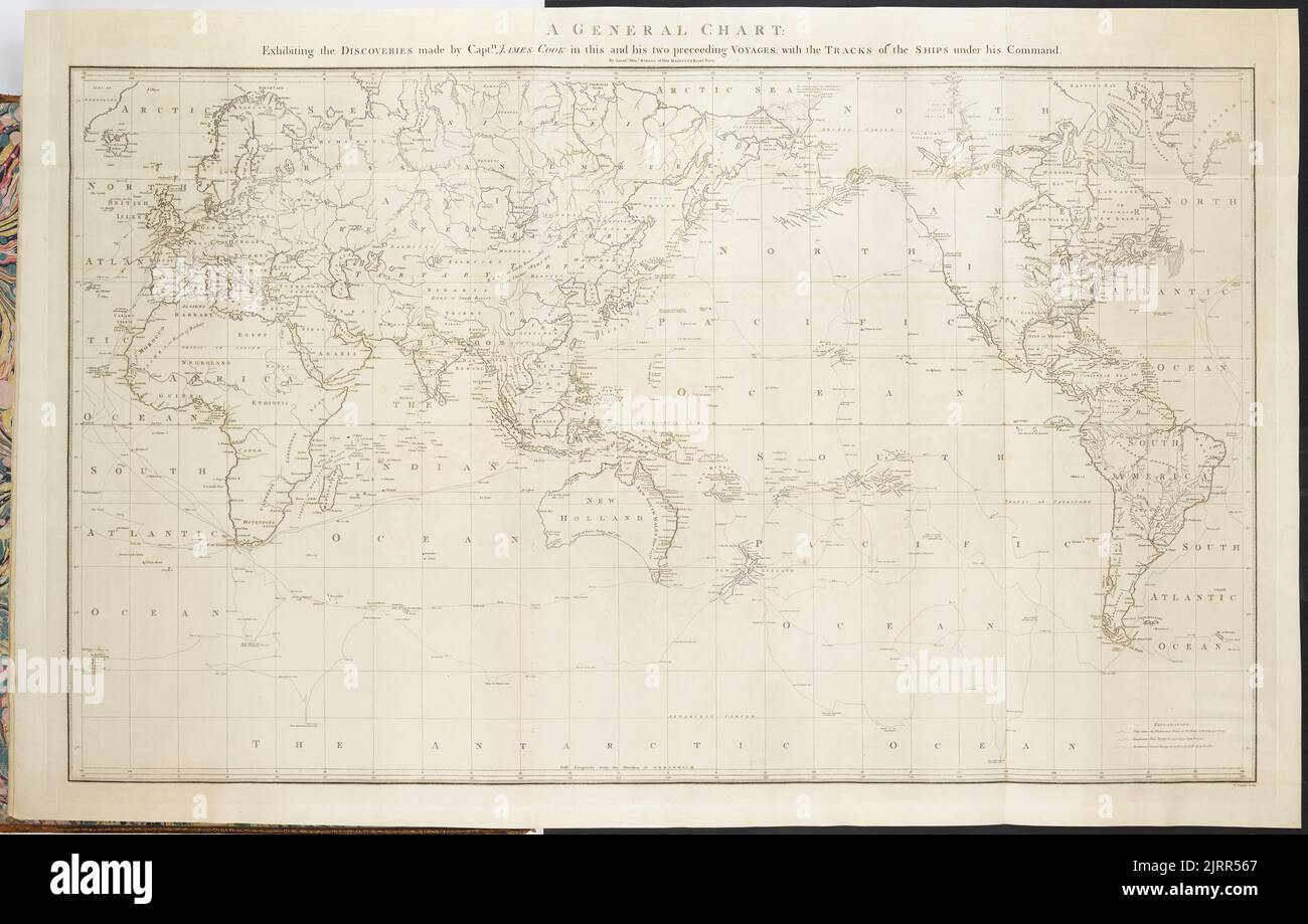 Ein allgemeines Diagramm : Ausstellen der Entdeckungen, die von Kapitän James Cook in dieser und seinen vorhergehenden Reisen gemacht wurden: Mit den Spuren der Schiffe unter seinem Kommando. Platte 1. Aus dem Buch: Folio of Plates to Captain Cook's Voyages, 1784, von Leutnant Henry Roberts RN, W Palmer, Lords Commissioners of the Admiralty. Geschenk von Charles Rooking Carter. Stockfoto