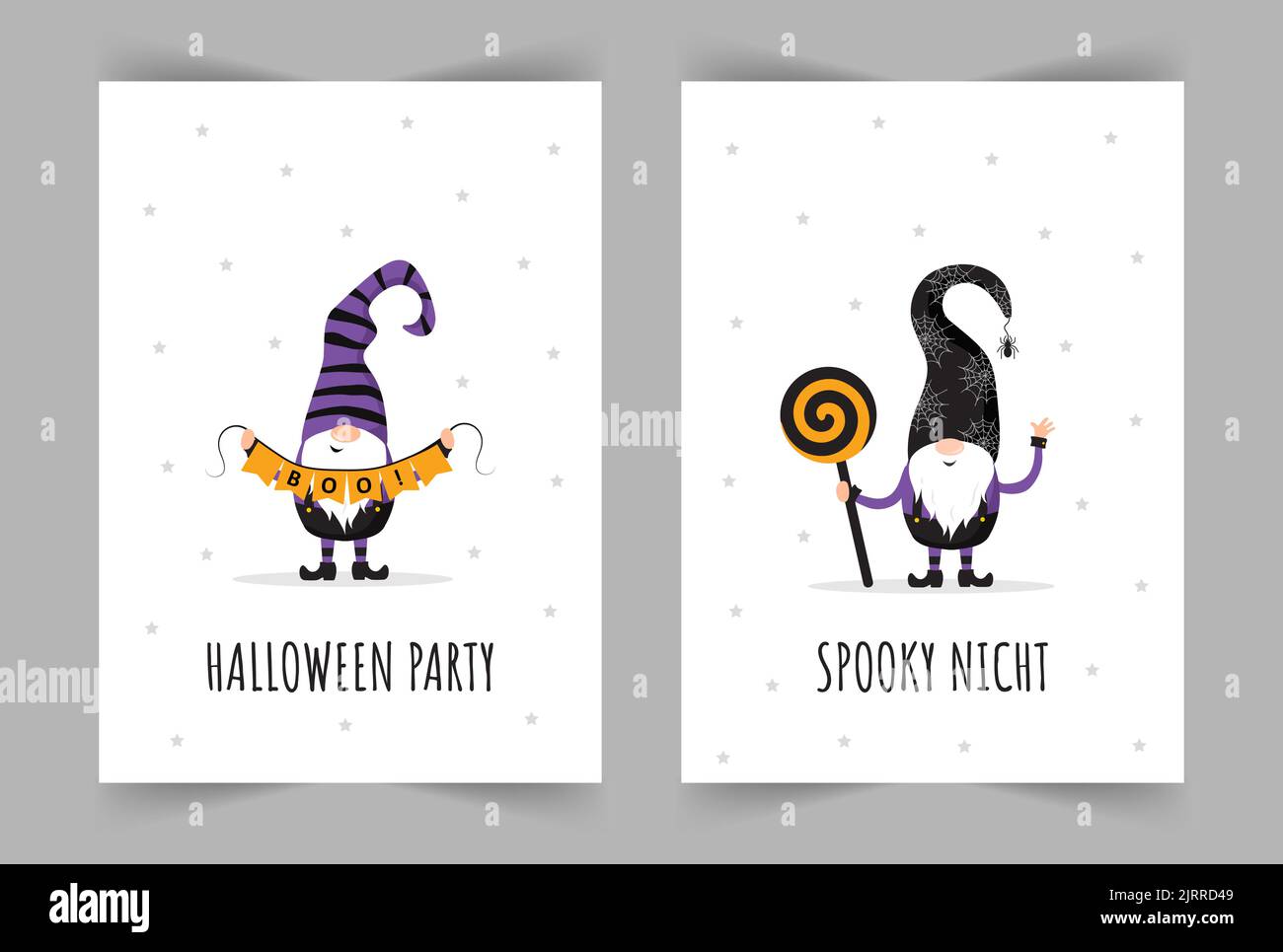 Set Halloween Grußkarten. Niedliche skandinavische Zwerge. Gruselige Nachtparty-Einladung, Poster oder Flyer. Vektorgrafik im Cartoon-Stil Stock Vektor