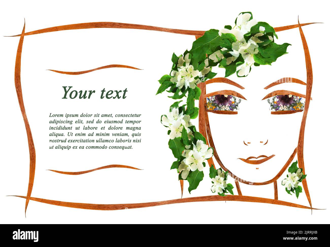 Einladung mit einem Bild der Gesichtskontur des Mädchens, Applikation aus Blumen und Blättern mit Platz für Text Stockfoto