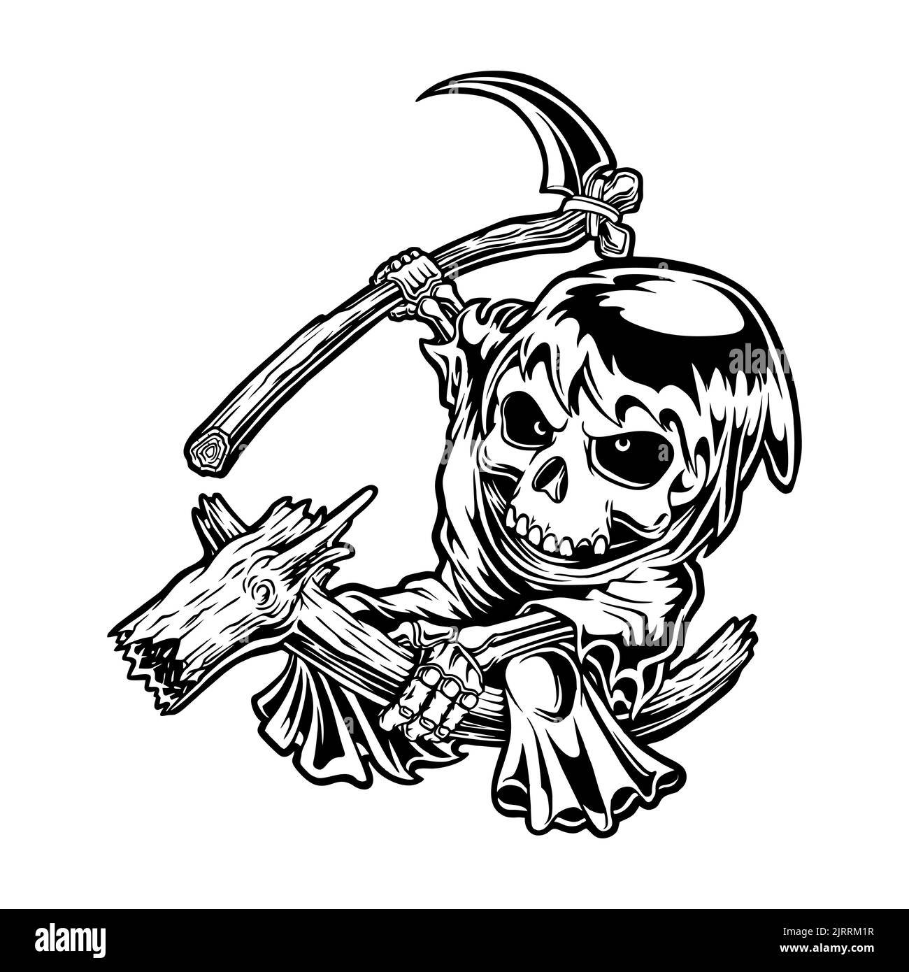 Grim Reaper Totenkopf mit Holz Sense monochrome Vektor-Illustrationen für Ihre Arbeit Logo, Maskottchen Merchandise T-Shirt, Aufkleber und Label-Designs, Poster, Stockfoto