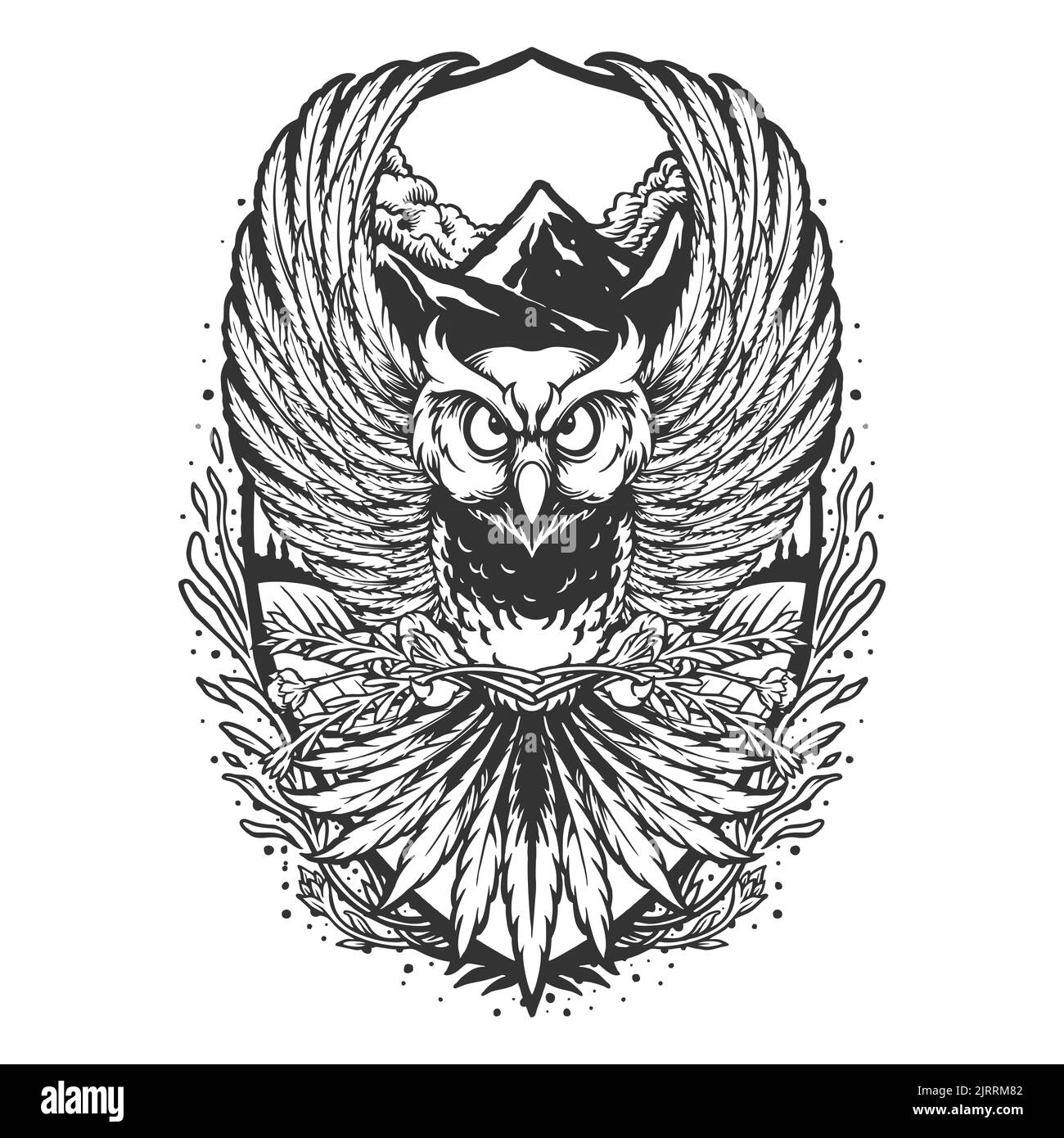 Eule fliegen auf Bergwald monochrome Vektor-Illustrationen für Ihre Arbeit Logo, Maskottchen Merchandise T-Shirt, Aufkleber und Label-Designs, Poster, gree Stockfoto