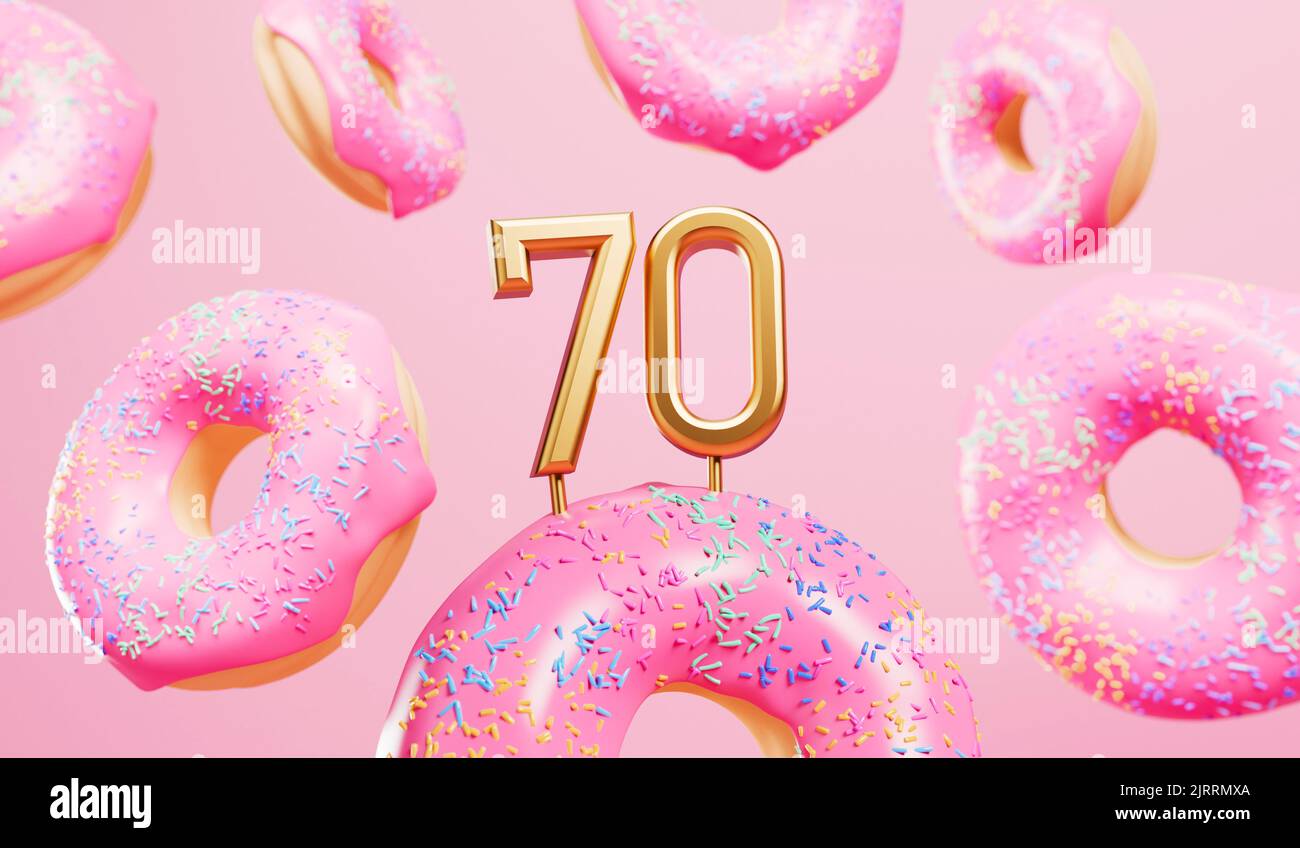 Happy 70. Geburtstagsfeier Hintergrund mit rosa mattierten Donuts. 3D Rendering Stockfoto