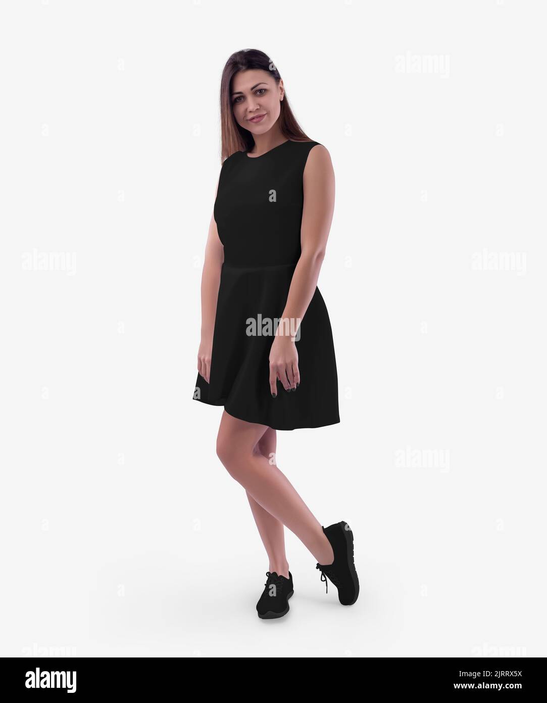 Mockup eines schwarzen Kleides mit einem Wellenrock auf einem schönen Mädchen in Mokassins, Sommersundress für Design, Muster, Werbung. Vorlage für Frauenklumpen Stockfoto