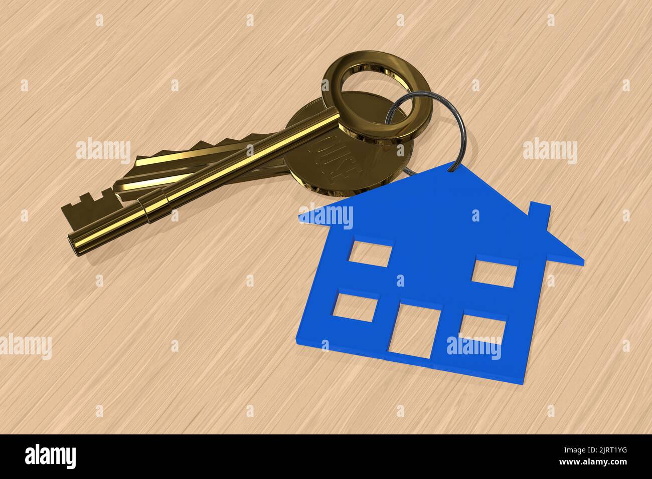 Hausschlüssel Schlüssel 3D gerendert Schlüsselring mit Haus neues Haus Hypothek Konzept Stockfoto