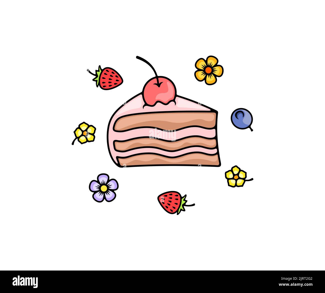 Schokoladenkuchen mit Früchten und Beeren, Blumen, Portion und Stück, Logo-Design. Lebensmittel, Speisen, Süßwaren, Süßwaren, Gebäck und Backwaren, Vektordesign Stock Vektor