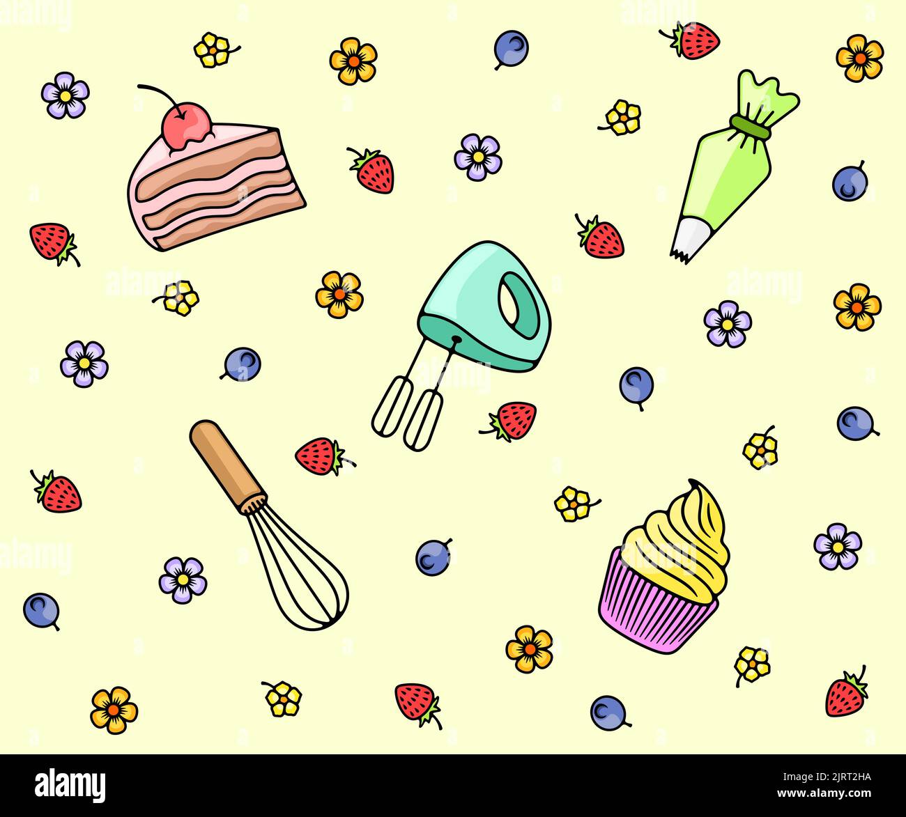 Süßwaren, Lebensmittel, Süßwaren Utensilien, nahtlose Vektor-Hintergrund, Tapete, Banner, Muster. Stück Kuchen, Cupcake, elektrischer Mixer, Schneebesen Stock Vektor