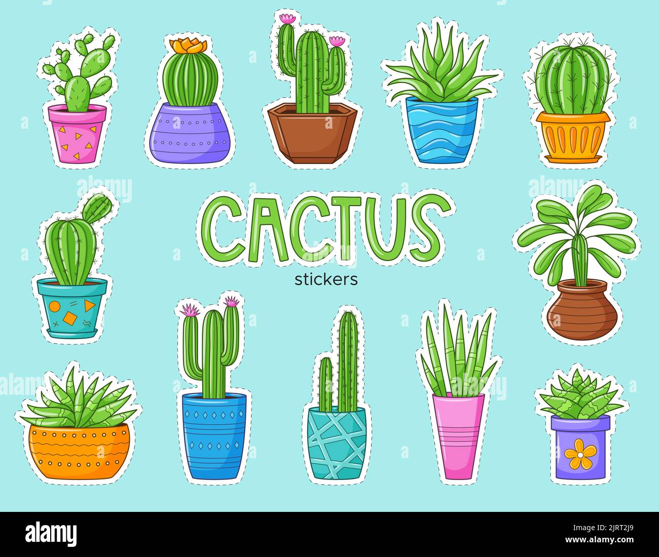 Set von lustigen Cartoon Kaktus und Sukkulenten. Sammlung von Aufklebern mit verschiedenen Arten von Kakteen. Flecken mit weißem Rand. Darstellung von Farbvektoren Stock Vektor