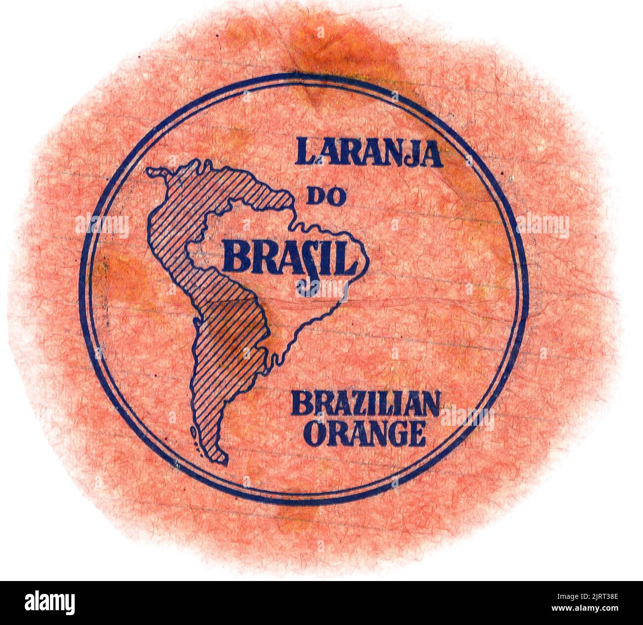 Frischobst-Papierverpackung, ab Mitte 1950s in England, mit Anbaumarke. Laranja do Brasil, brasilianische Orange, Landkarte von Südamerika. Stockfoto