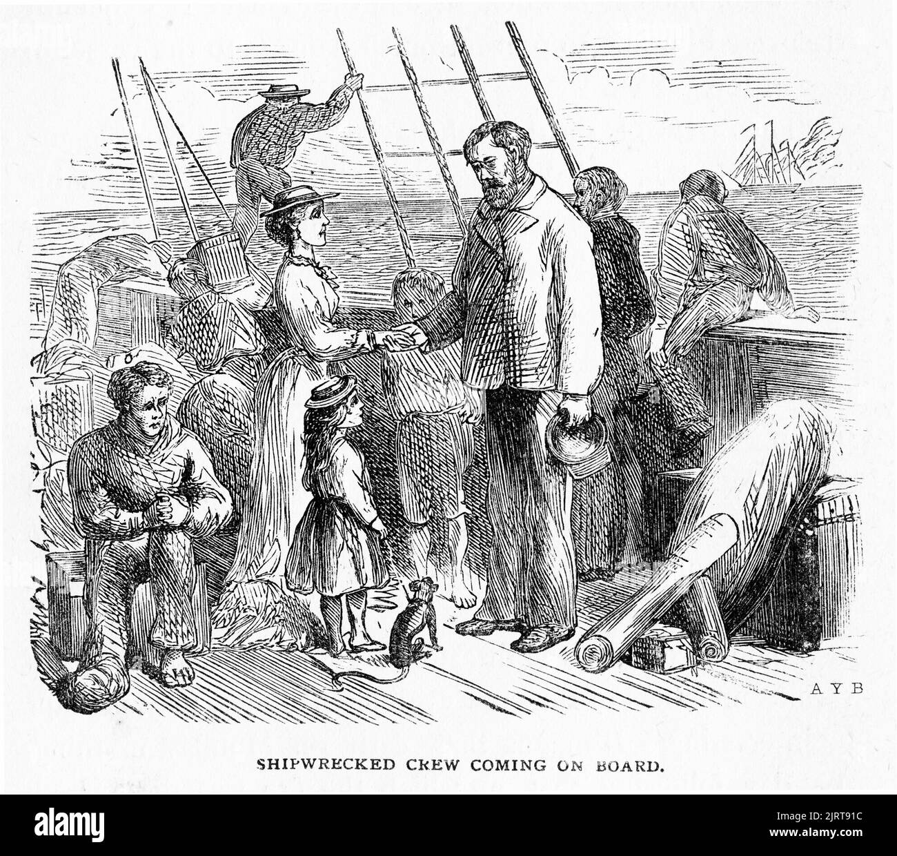 Gravur des Sunbeam, der eine Schiffbrüchige an Bord begrüßt, von A Voyage in the Sunbeam von Baroness Anna 'Annie' Brassey (1839 – 1887), veröffentlicht 1878 Stockfoto