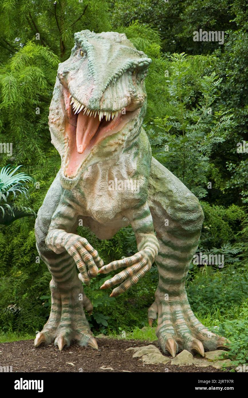 Tyrannosaurus rex im Dino Park - ZOO Vyskov, Tschechische Republik. Grüner Hintergrund HD. Hintergrund 4K. Illustrative redaktionelle Inhalte - Dinosaurier. Stockfoto
