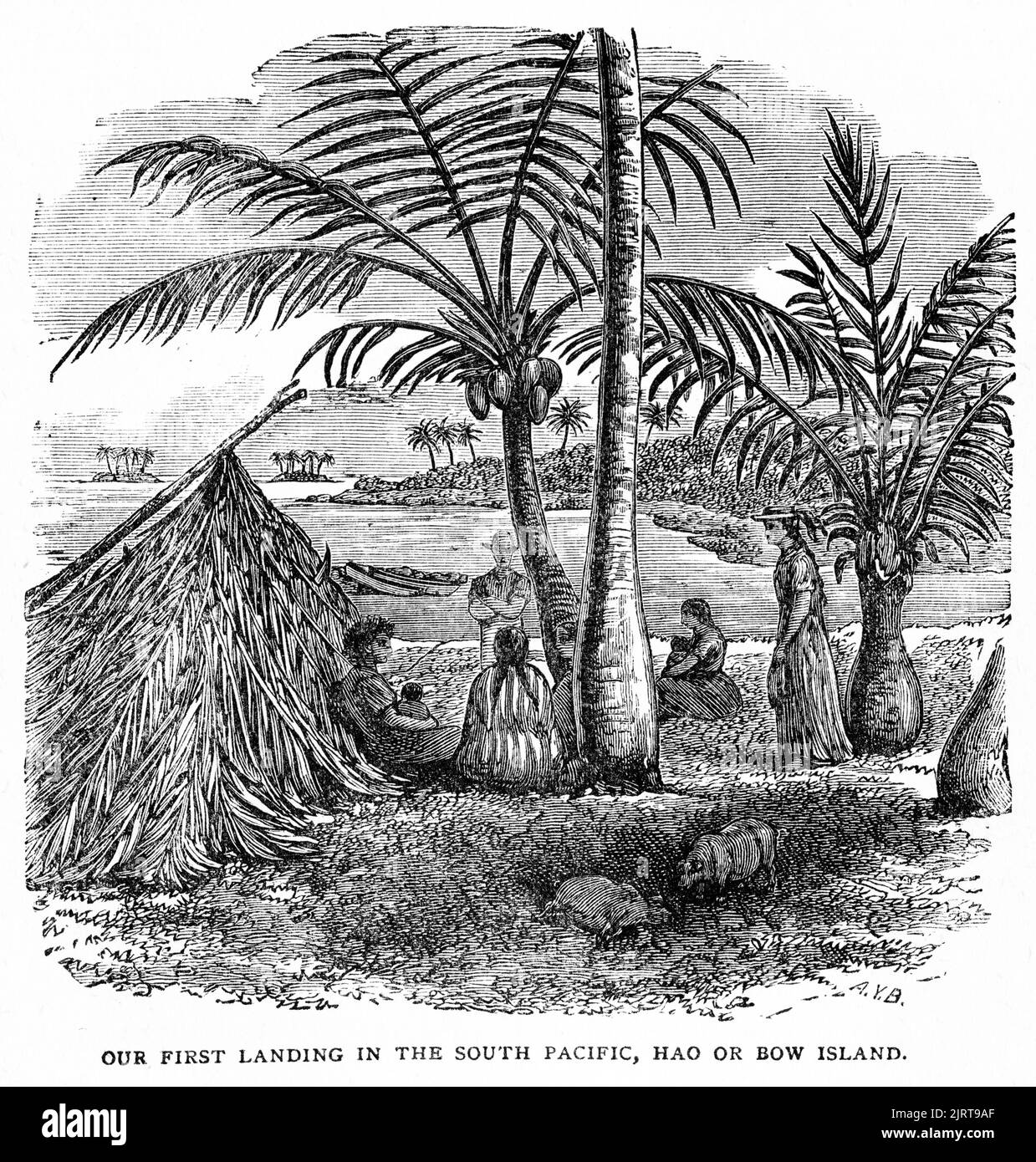 Stich der Familie Brassey bei Hao oder Haorangi, einem großen Korallenatoll im zentralen Teil des Tuamotu-Archipels im Südpazifik., aus A Voyage in the Sunbeam von Baroness Anna 'Annie' Brassey (1839 – 1887), veröffentlicht 1878 Stockfoto
