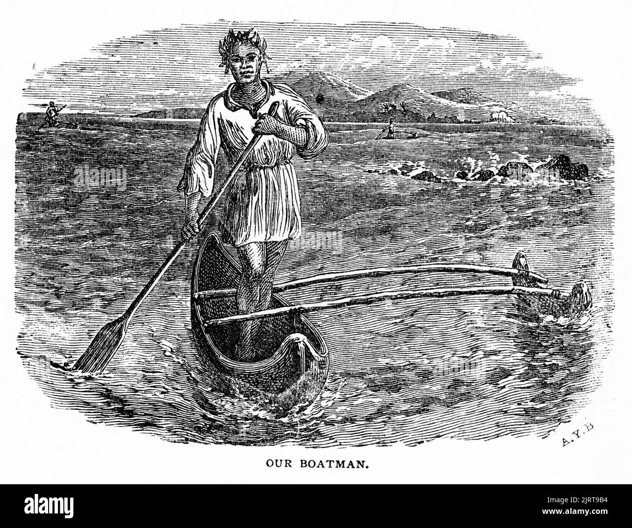 Stich eines Bootsmannes in Tahiti, aus Einer Reise im Sunbeam von Baroness Anna 'Annie' Brassey (1839 – 1887), veröffentlicht 1878 Stockfoto