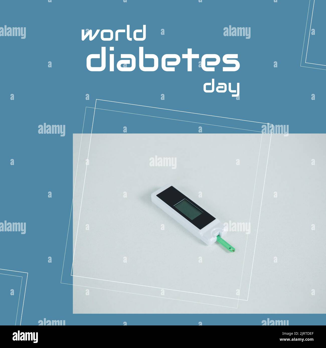 Zusammengesetzt aus Welt Diabetes Tag Text und Quadrate mit Glucometer auf der Tabelle, kopieren Raum Stockfoto