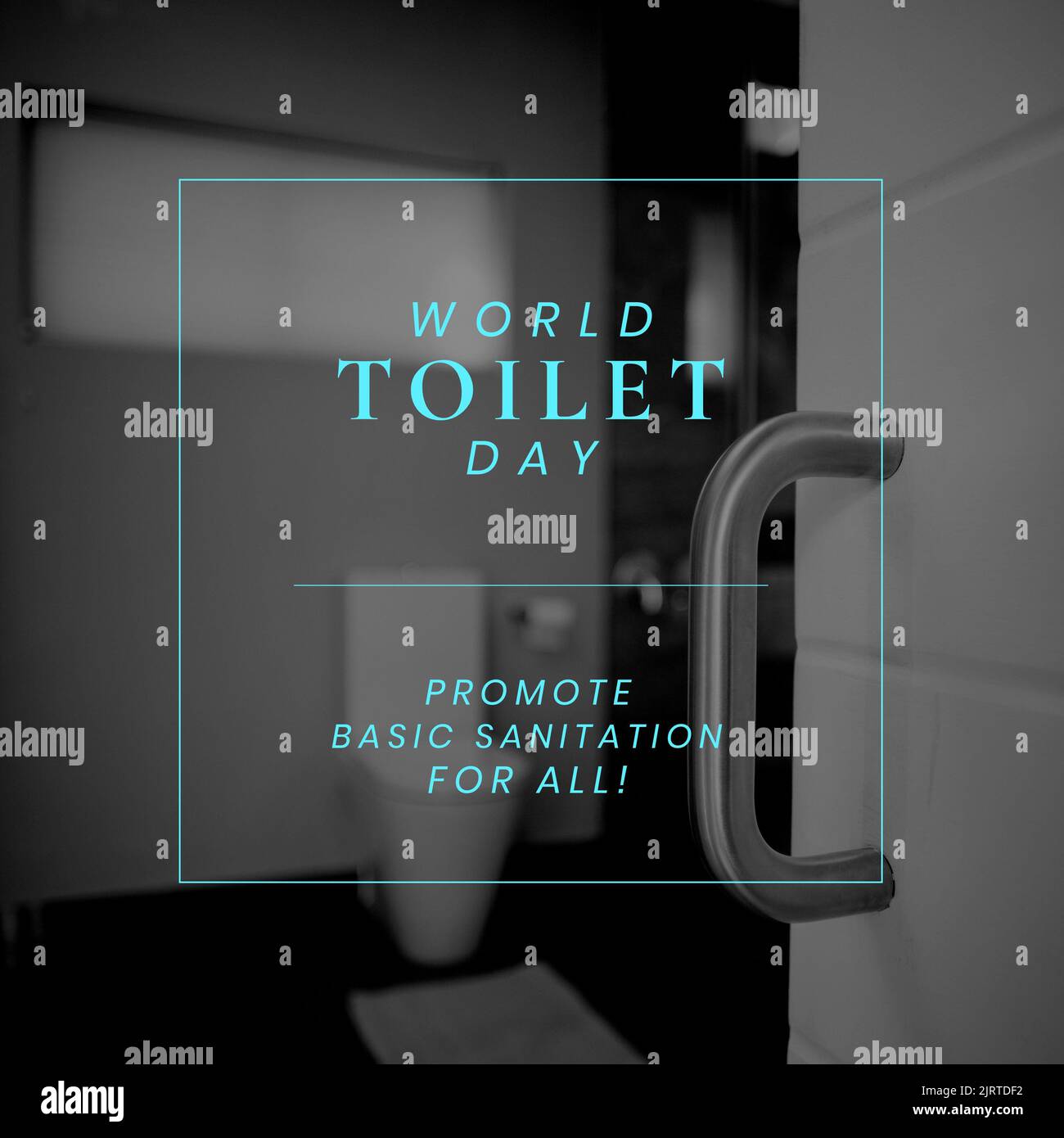 Digitales Bild des Welt-WC-Tag fördern die grundlegende Hygiene für alle Text von Türgriff im Badezimmer Stockfoto