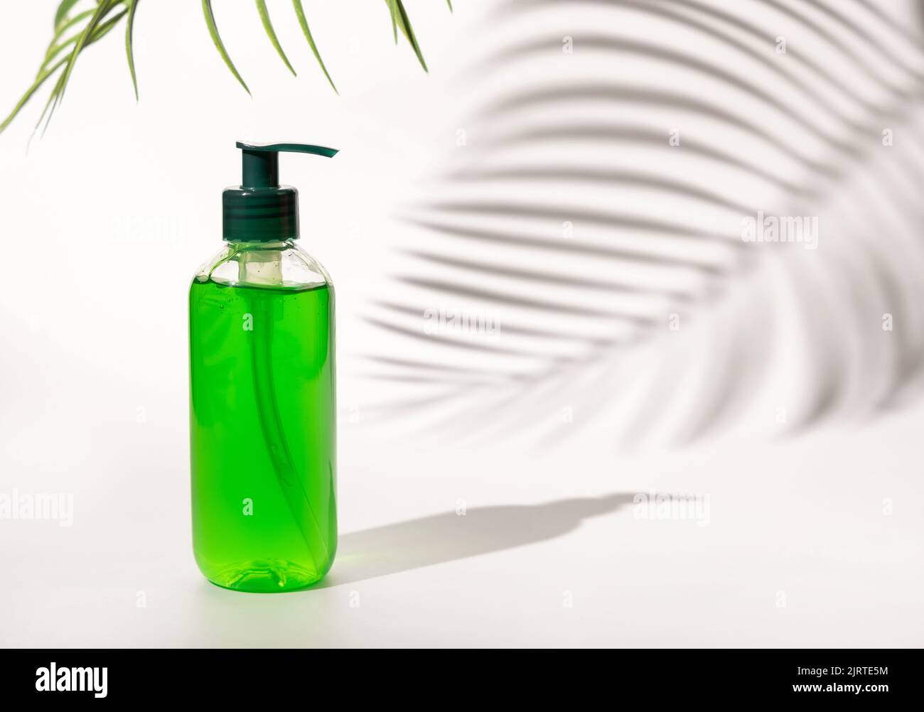 Nachfüllbare Kosmetische Pumpe Spender Flasche mit grüner Flüssigkeit auf weiß gefüllt, Palm Blatt harte Schatten, close up, mockup. Hautpflege Beauty-Produkt, Gesichtsbehandlung Stockfoto
