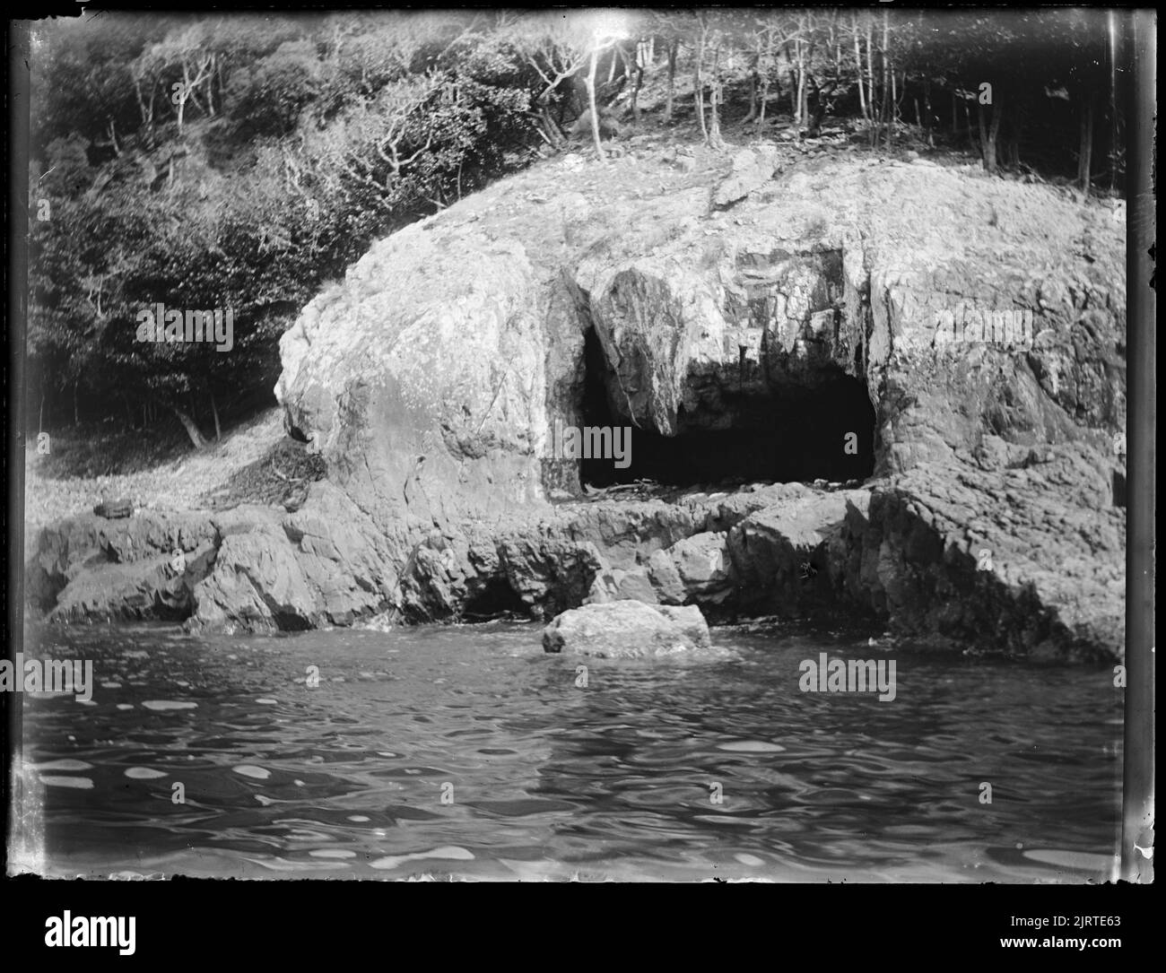 Lion's Mouth Cave (eine hochgeweckte Meereshöhle), wo die Blaureiher nisten - vom Strand aus gesehen, 26. Februar 1921, North Island, von Leslie Adkin. Schenkung des Gutsbesitzes der Familie G. L. Adkin, 1964. Stockfoto