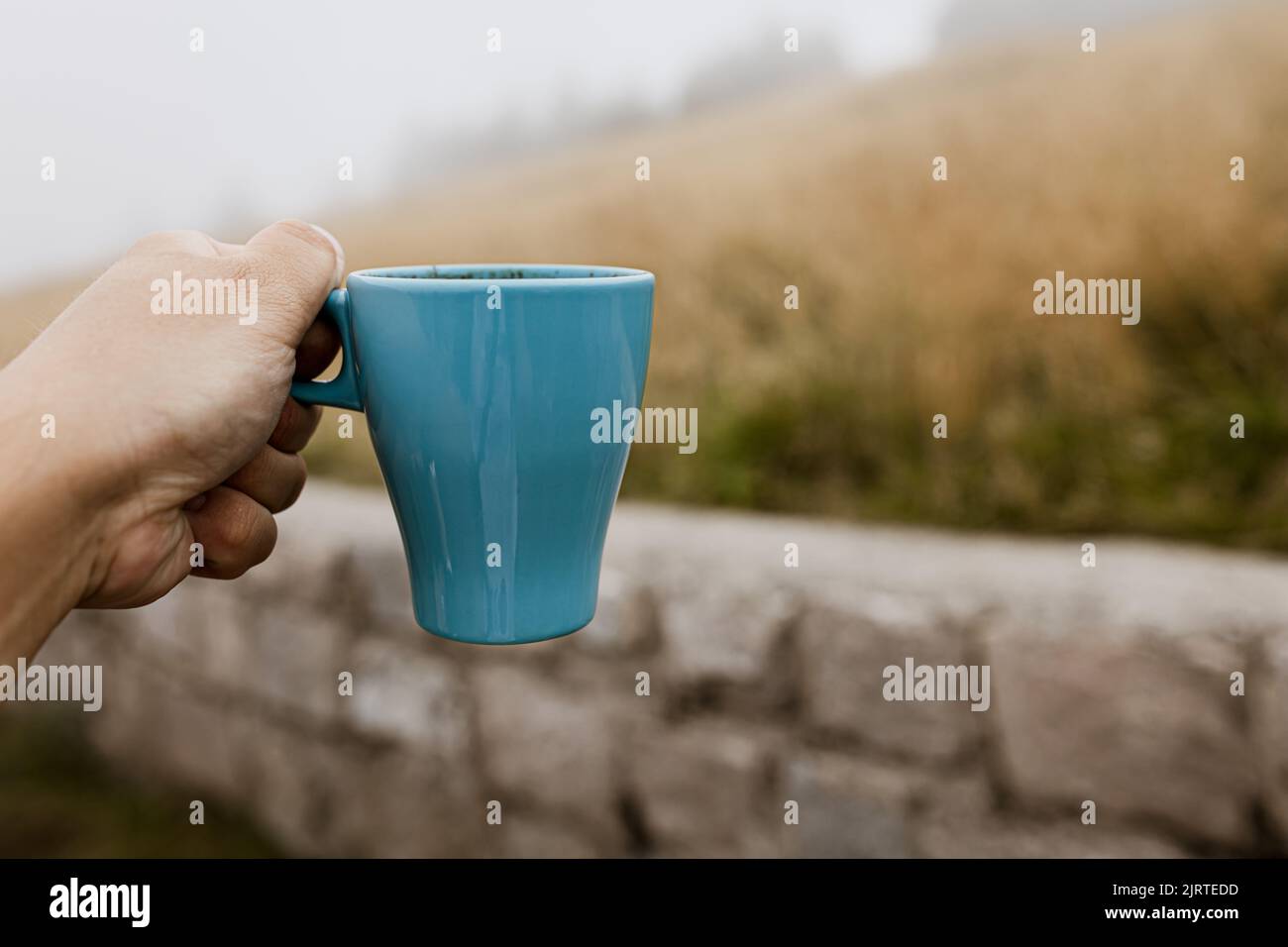 Türkisfarbener Becher mit Kaffee auf dem Hintergrund einer Bergwiese Stockfoto