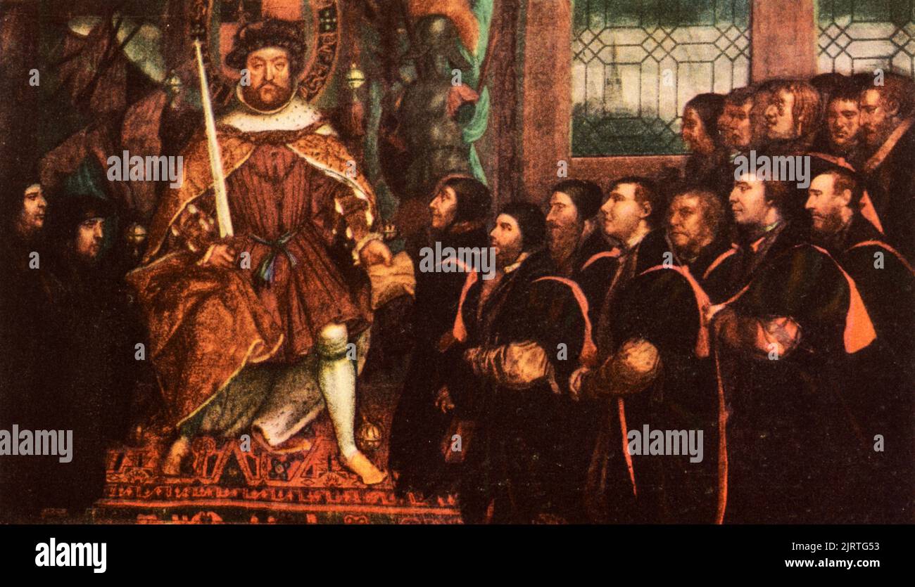Henry VIII und die Barber-Chirurgen, c1543. Nach Hans Holbein dem Jüngeren (c1497-1543). Diese großangelegte Arbeit wurde in Auftrag gegeben, um der Erteilung einer königlichen Charta an die Company of Barbers und die Guild of Surgeons während ihrer Fusion im Jahr 1540 zu gedenken. Stockfoto