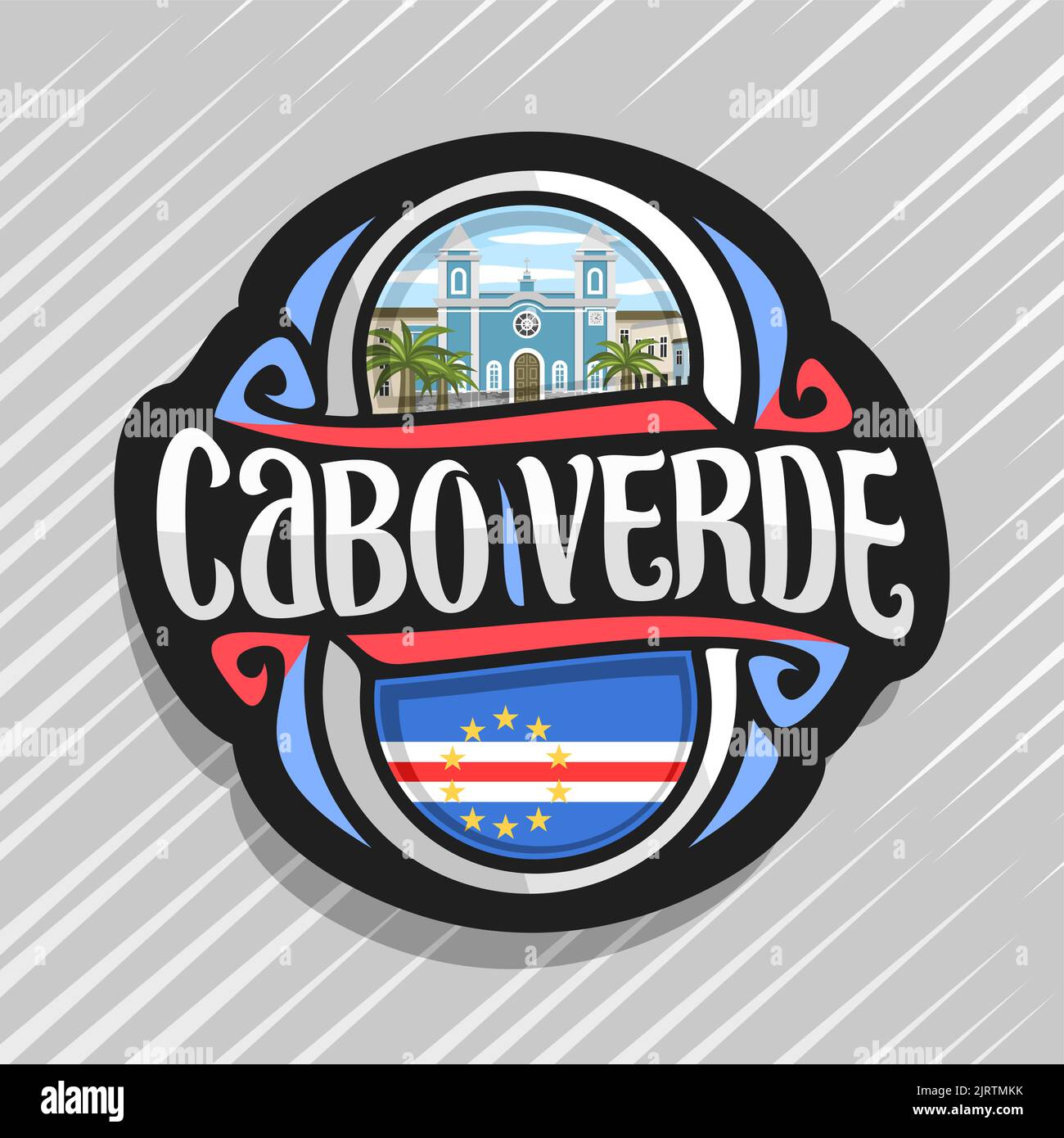 Vektor Logo für die Republik Cabo Verde, Kühlschrank Magnet mit kapverdischen Staat Flagge, original brush Schrift für Worte Cabo Verde und nationales Symbol - Stock Vektor