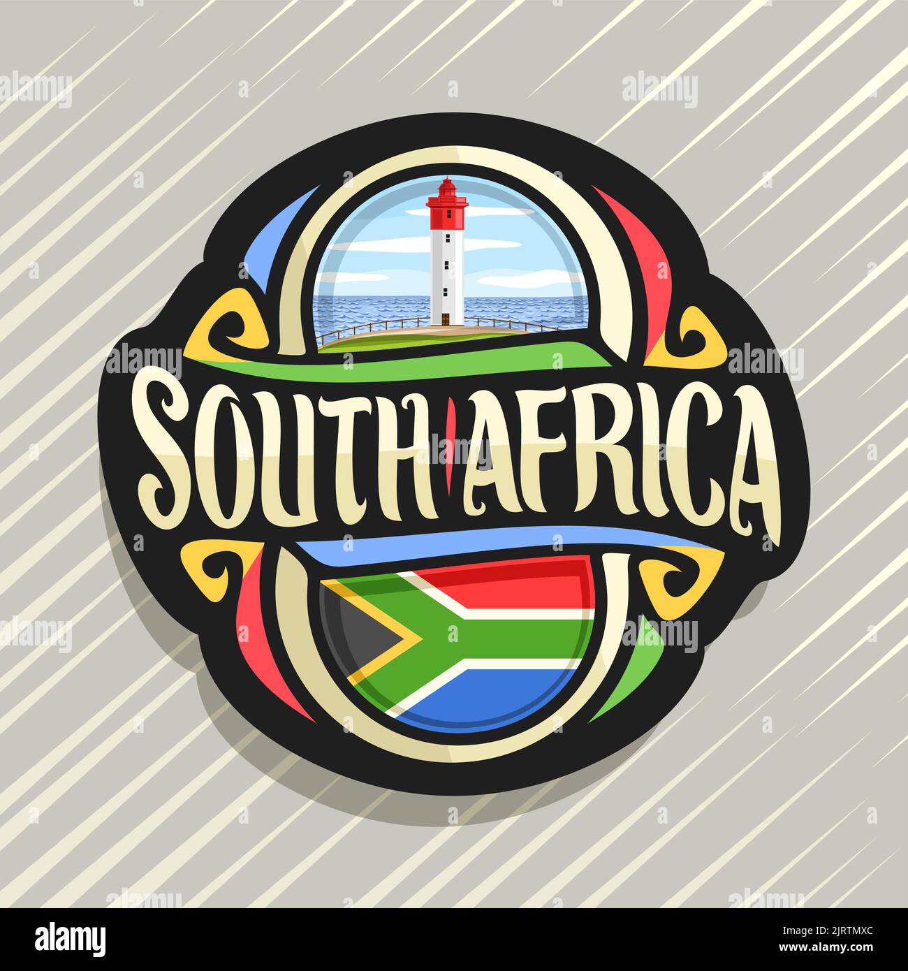 Vektor logo für Südafrika Land, Kühlschrank Magnet mit South African State Flag, original brush Schrift für Worte Südafrika und nationale Symbol Stock Vektor